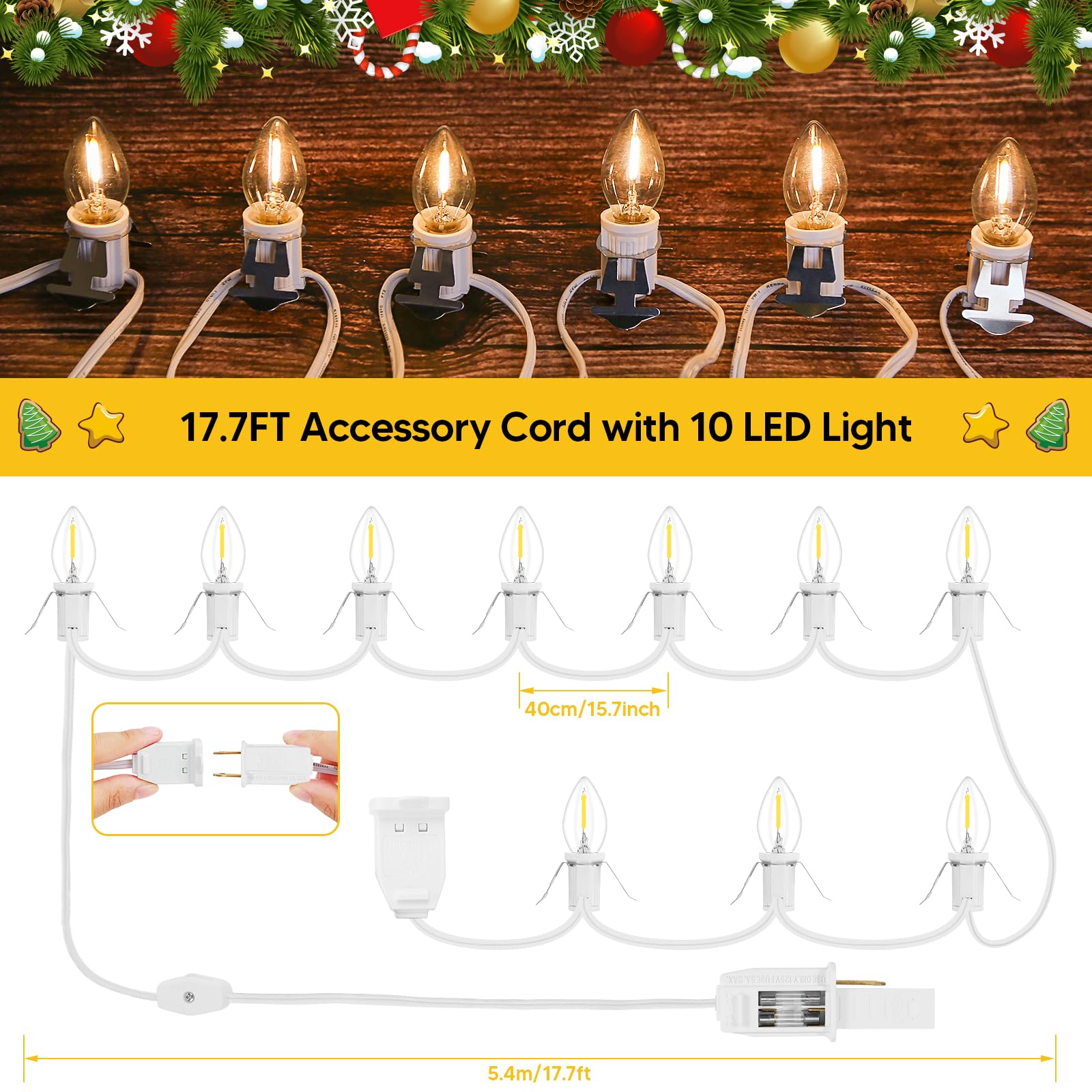 1Pack Accessory Cord With 10Led Light Bulbs And Outlet Christmas Village Light 17.7Ft White Cord Warm White C7 Lamp Christmas Village Accessories For Halloween Pumpkins Christmas Village Houses