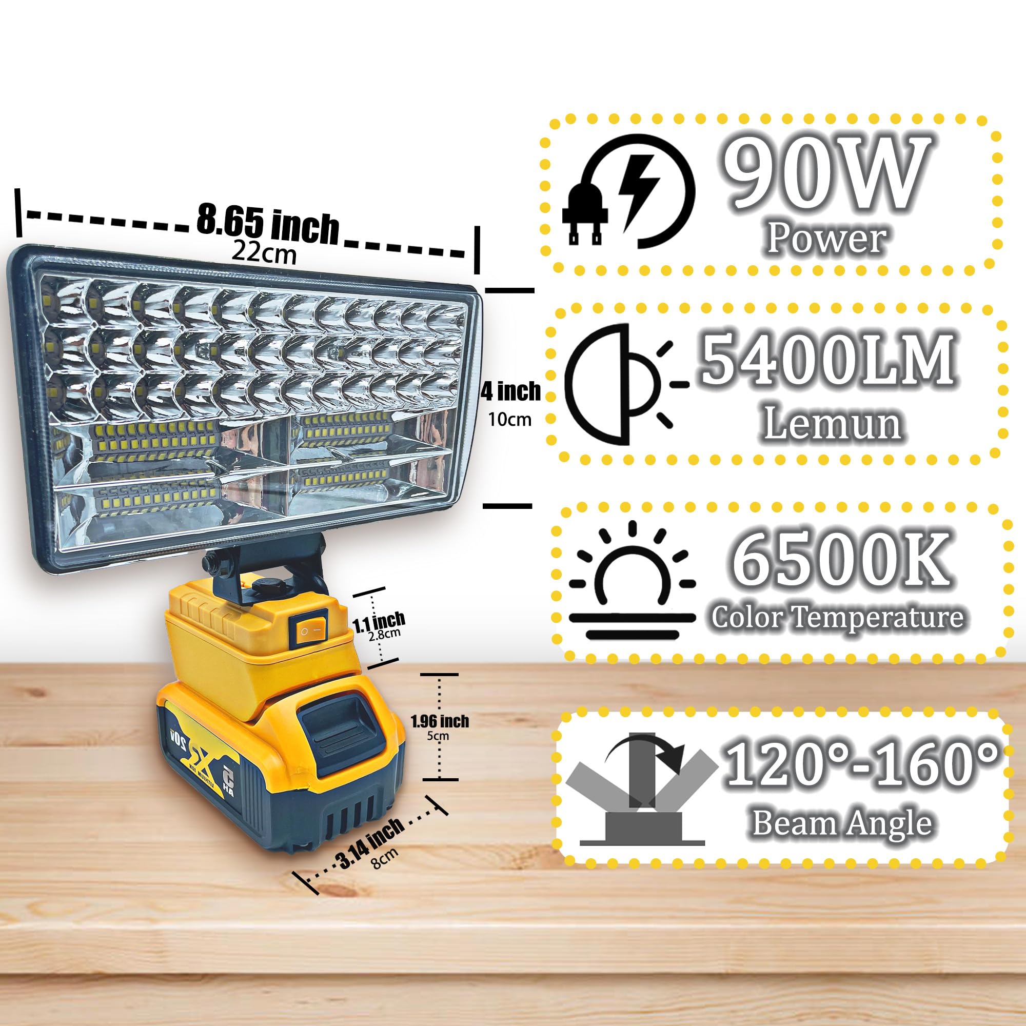Cordless Led Work Light For Dewalt 20V Battery,90W 5400Lm Wide Beam Flood Light With Two Usb Charging Port Flashlight For Emerge