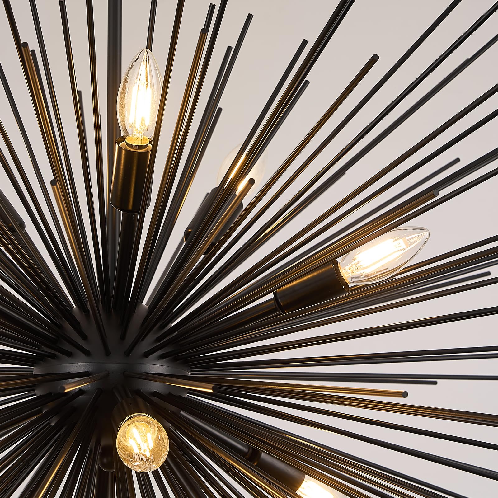 FookChak 35in Black Sputnik Chandelier, 12-Light Starburst Fixture, Metal, Model 900B, Ideal for High Ceiling Living Room, Dining Room, Foyer