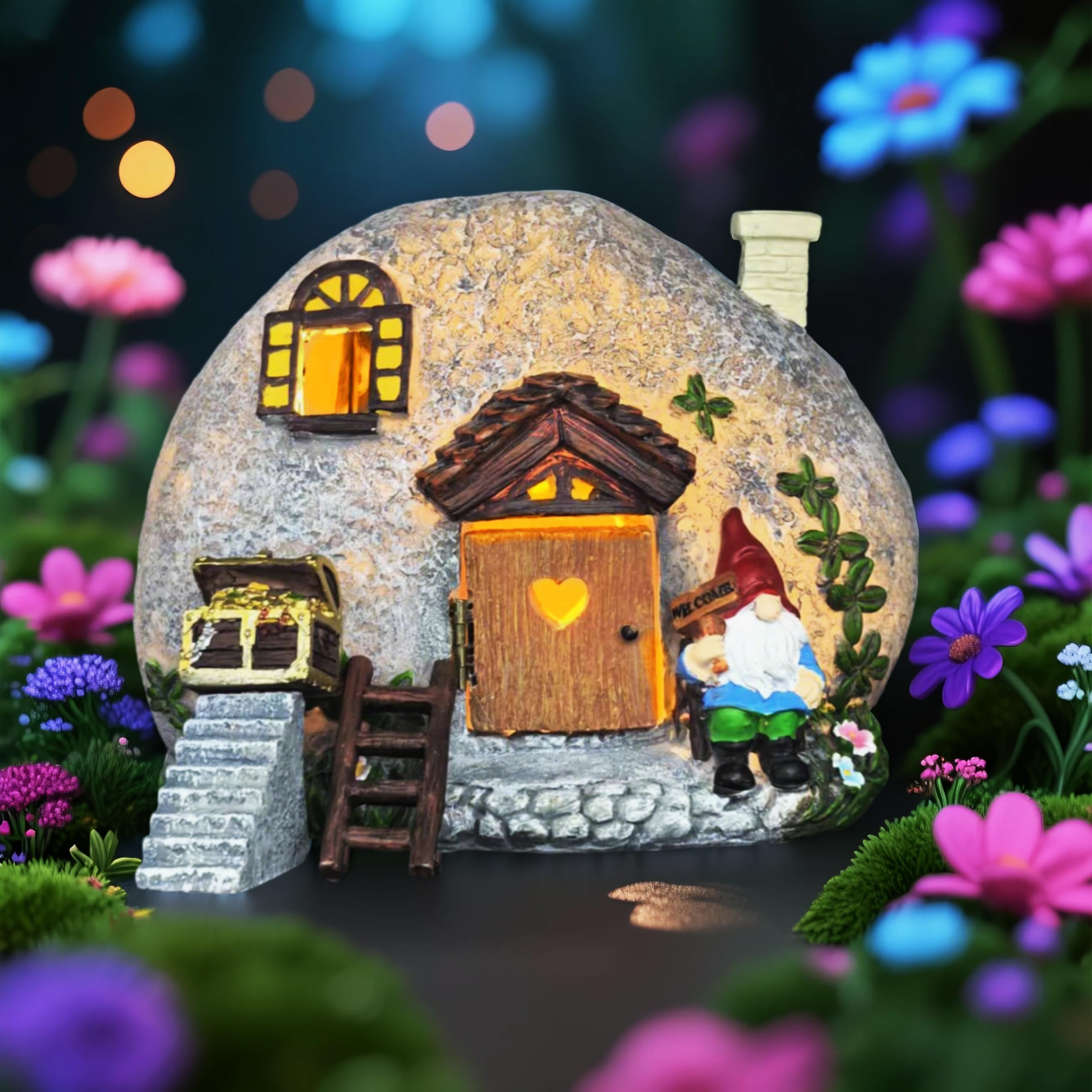 QCF Fairy Garden Accessories Gnome House 4 Pcs Kit, Solar Statues with Openable Door for Yard Lawn Patio, Resin Stone Houses, Tr