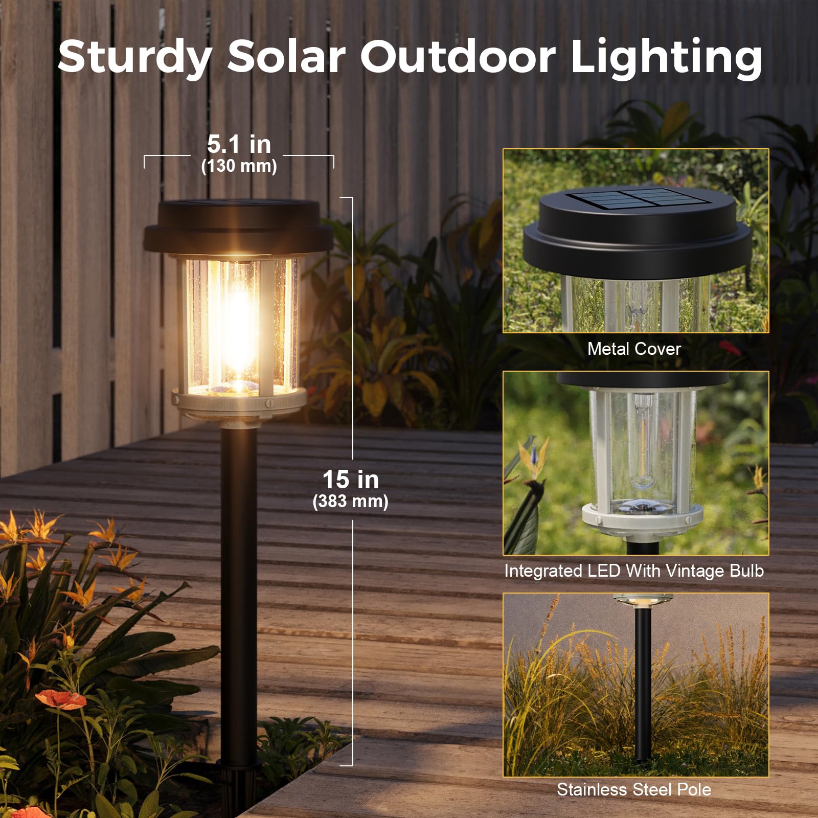 Xmcosy+ Solar Outdoor Lights 15 Lm Led Garden Lights With 2-Tone Black & Grey, Seeded Glass Pathway Lights, Ip65 Waterproof Solar Powered For Yard Landscape Walkway Driveway (4 Packs, Warm White)