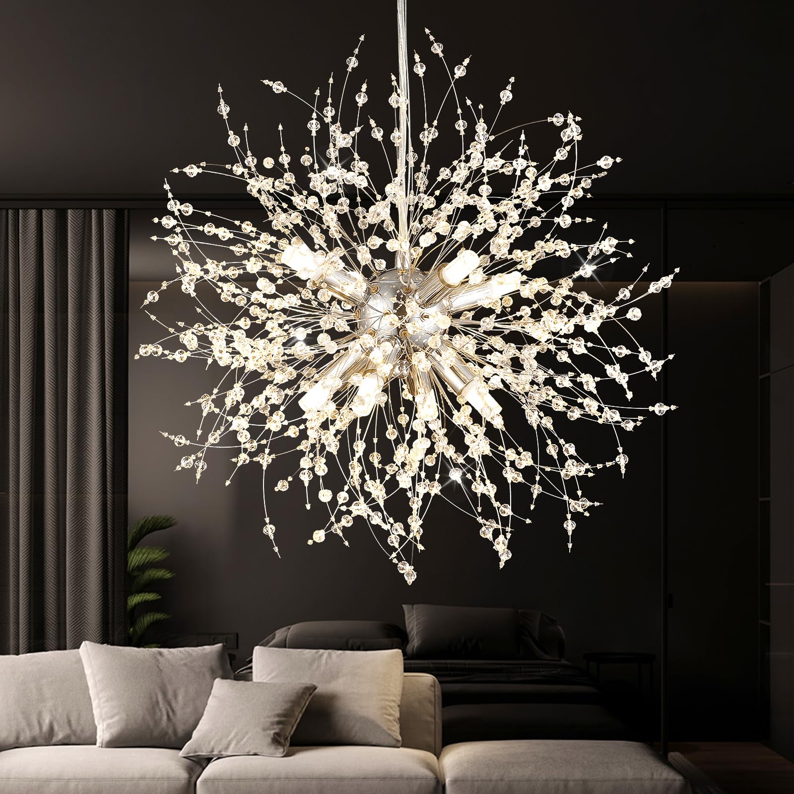 foucasal 8-Light Crystal Pendant Light Modern Dandelion Sputnik Chandelier Chrome Firework Ceiling Lighting Fixture for Dining R