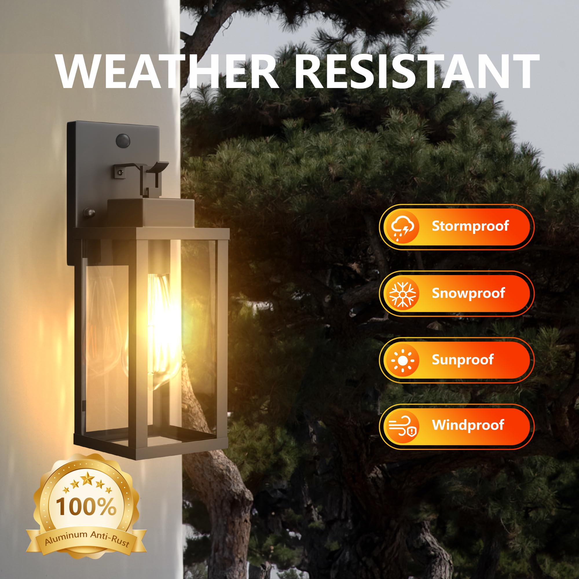 Kainozoic Motion Sensor Outdoor Wall Lantern, Waterproof, Black, Metal, Model 902, 1 Pack