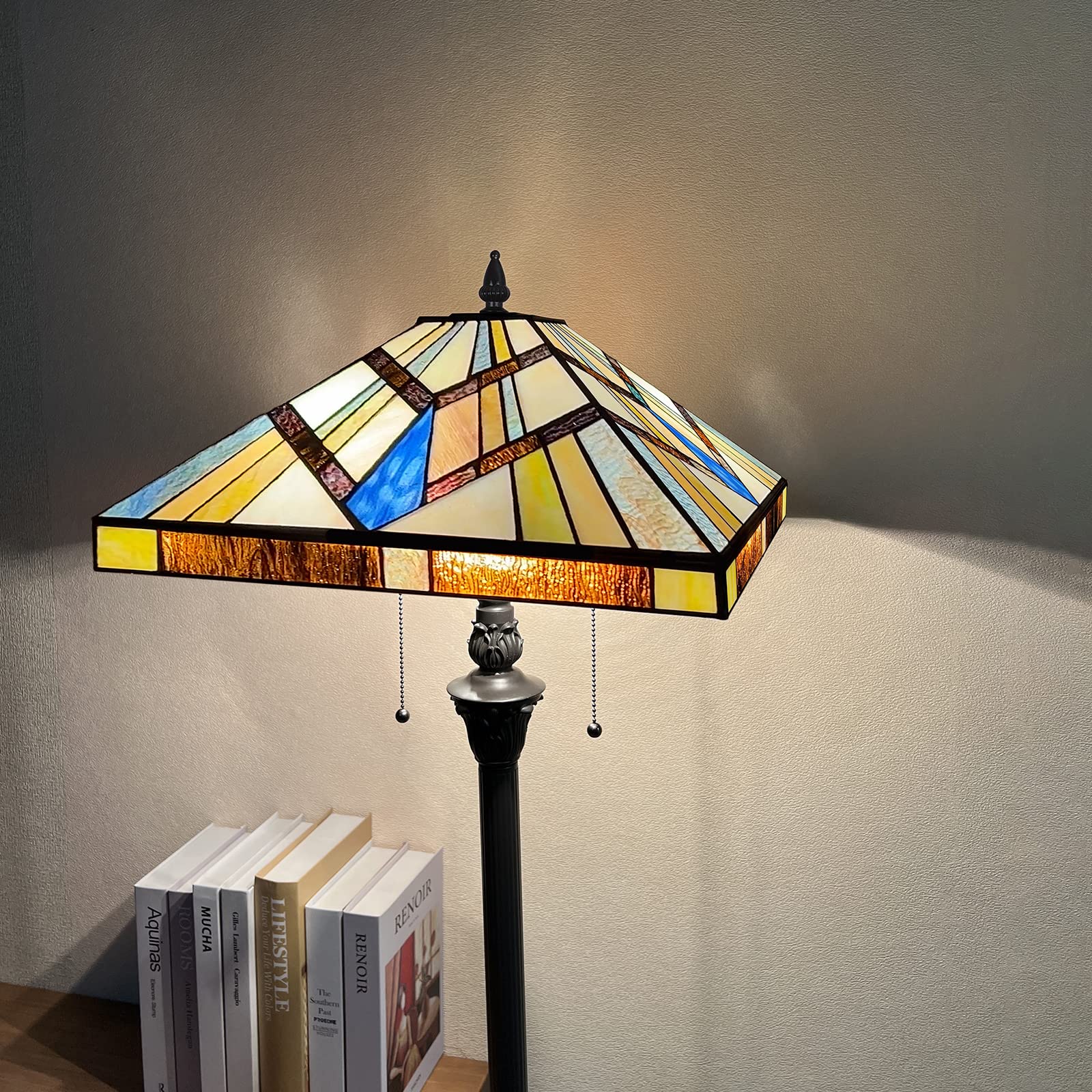 Capulina Tiffany Style Floor Lamp - 2-Light Stained Glass, 16x16x63 Inch, Cream Amber, Antique Mission Style for Living Room/Bedroom