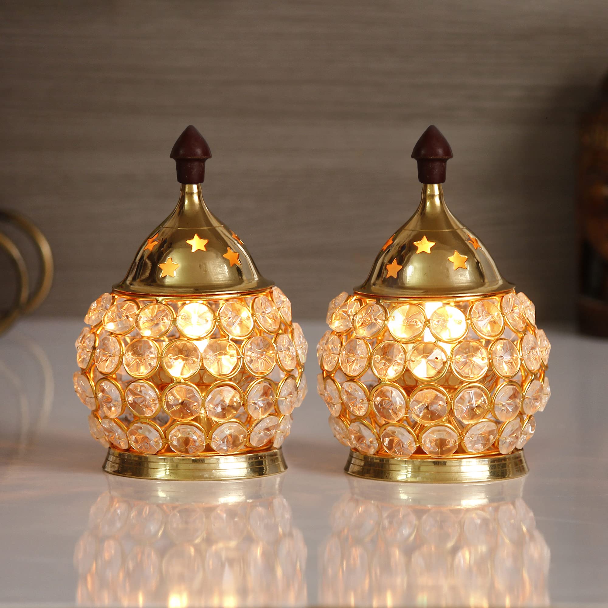 eCraftIndia Set of 2 Crystal and Brass Akhand Diya