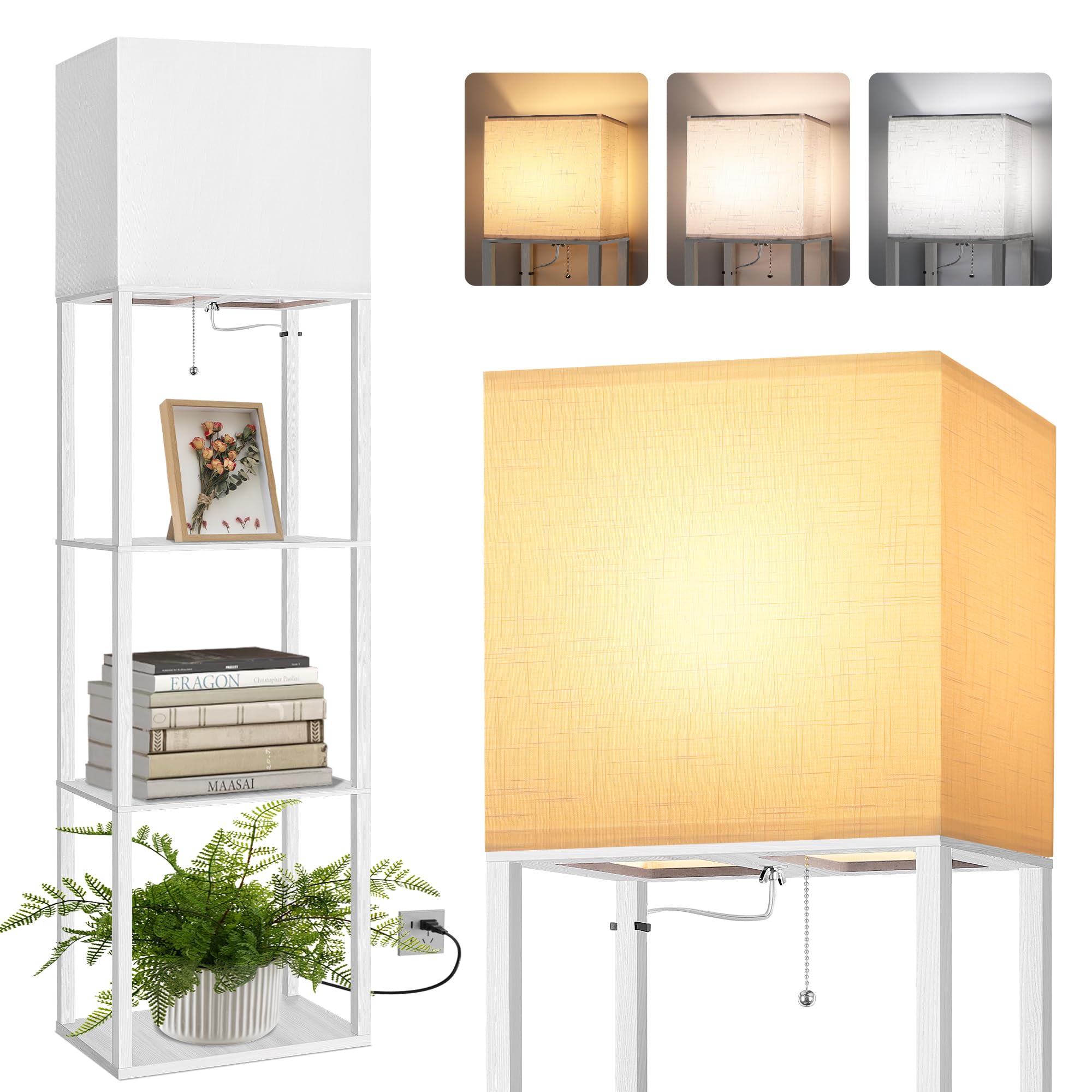 Dott Arts Floor Lamp with Shelves, 15.7in Wide, Wood, White, Model WLM1600-FLA-15W-12, 3 Color LED Bulb