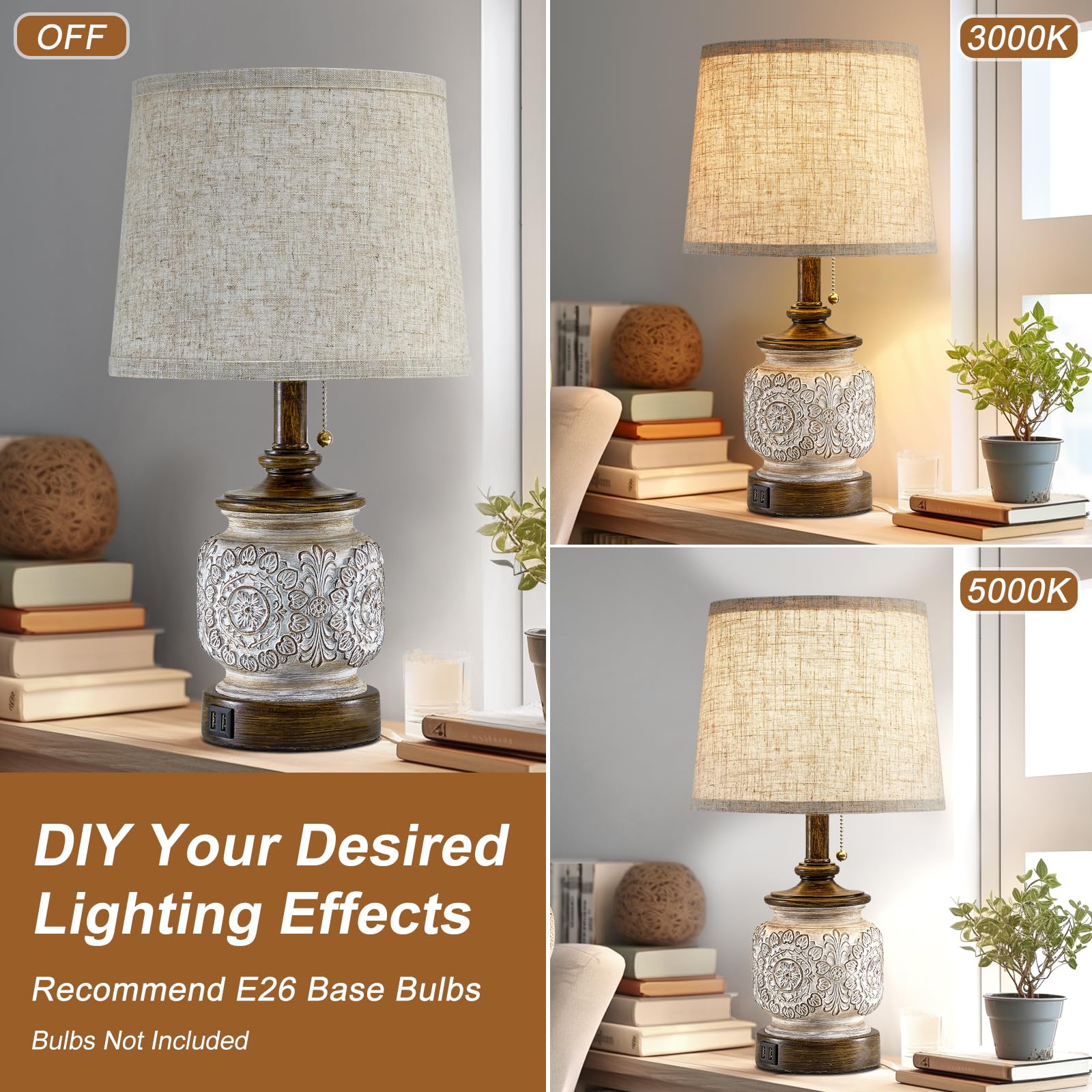 19.5'' Farmhouse Table Lamps For Bedrooms Set Of 2 Vintage Bedside Lamps For Nightstand With Usb Charging Ports Traditional Rusi