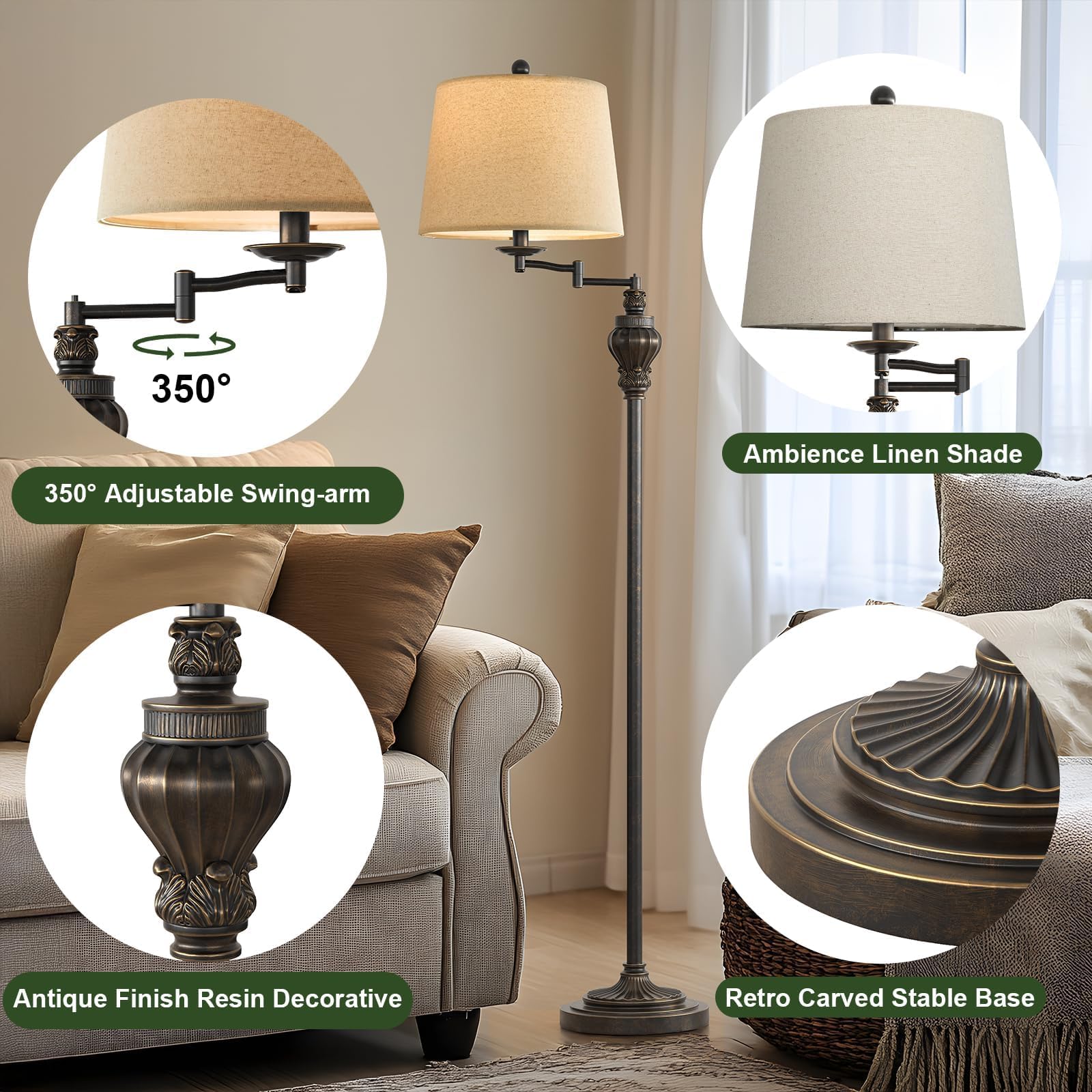 G-Safava 61'' Vintage Floor Lamp With 350 Adjustable Swing Arm, Standing Lamp For Bedroom Living Room Bedside Nightstand Retro F