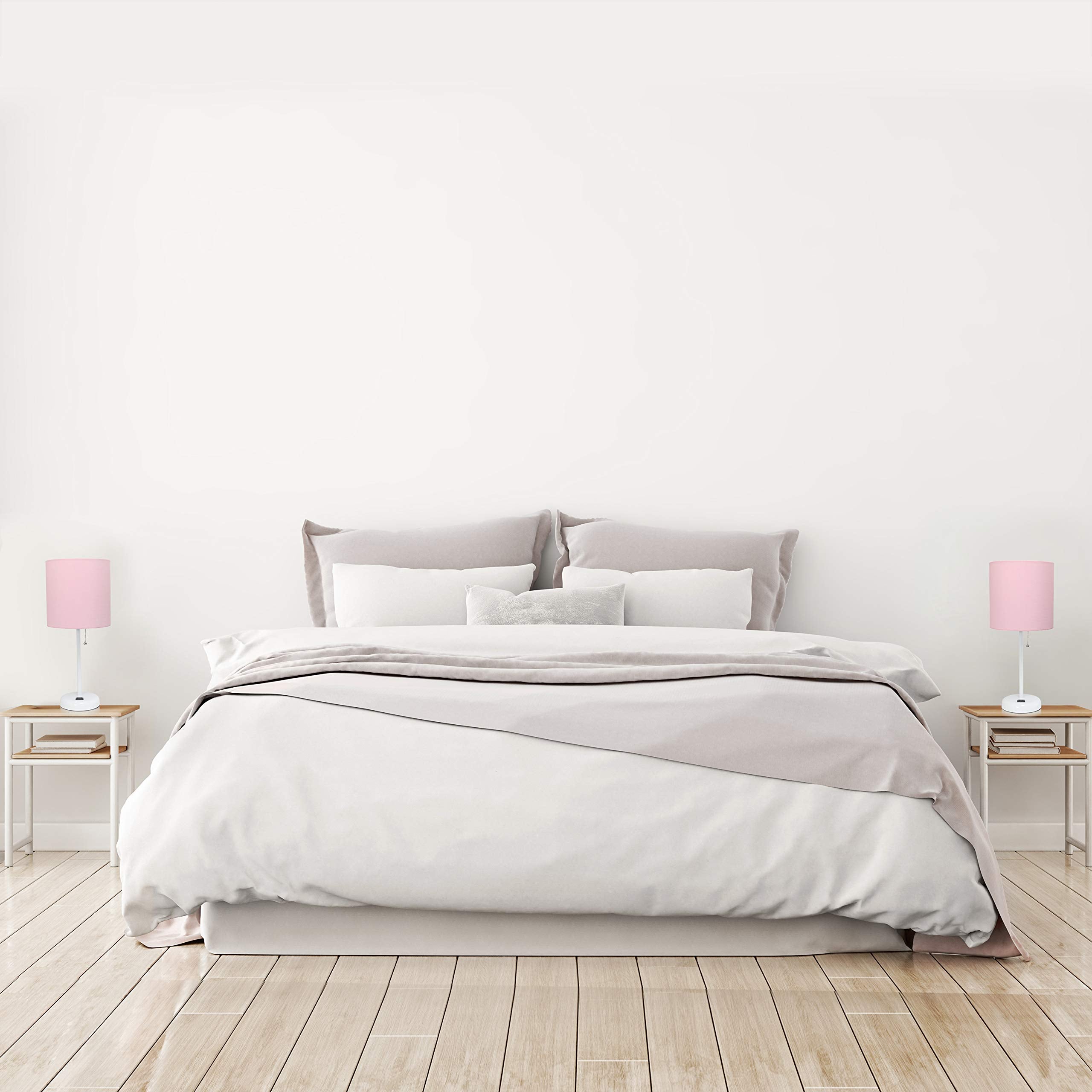 Simple Designs Lc2002-Pow-2Pk White Stick Table Lamp Set With Usb Charging Port And Light Pink Fabric Shades, 2 Pack Set