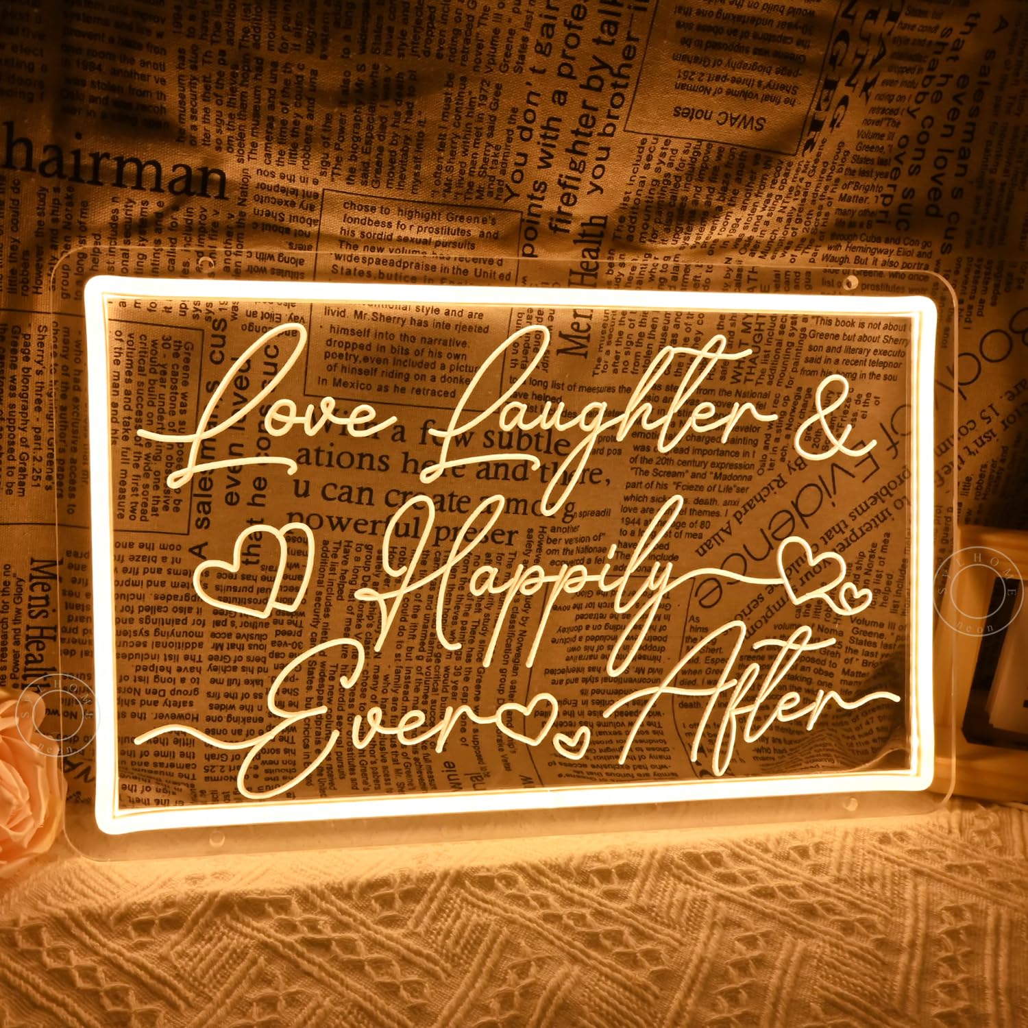 SYLHOME Led Neon Light Sign, Warm White Acrylic, 15.75in X 9.84in, Love Laughter Happily Ever After Decor for Home, Bedroom, Party