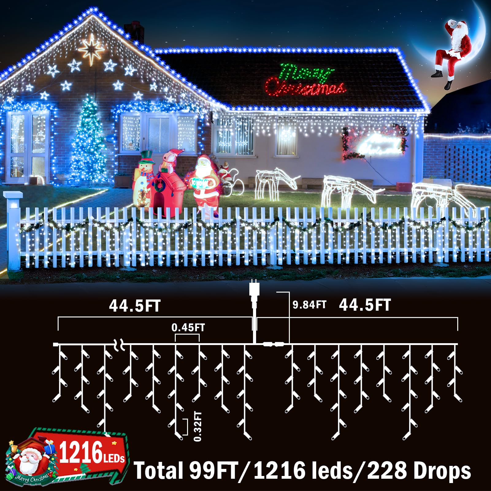 KNONEW Outdoor Decorative String Lights, 1216 LED Cool White Curtain Fairy Light, 99ft, 8 Modes, Clear Wire for Holiday Decor