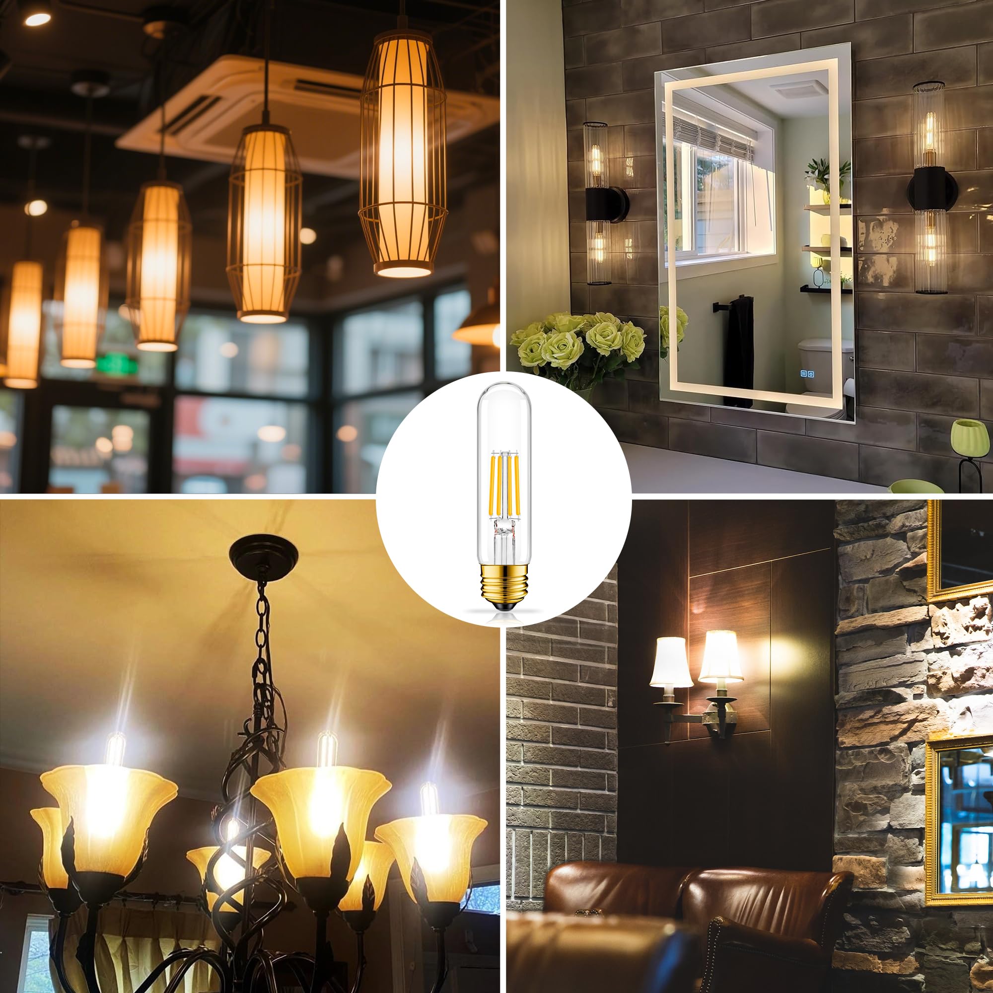 Ganlilan Dimmable E26 T10 Led Bulb 4W 40 Watts,Tube Light Bulbs,Skinny Long Tubular Light Bulb For Curio Cabinet,Piano,Ceiling,R