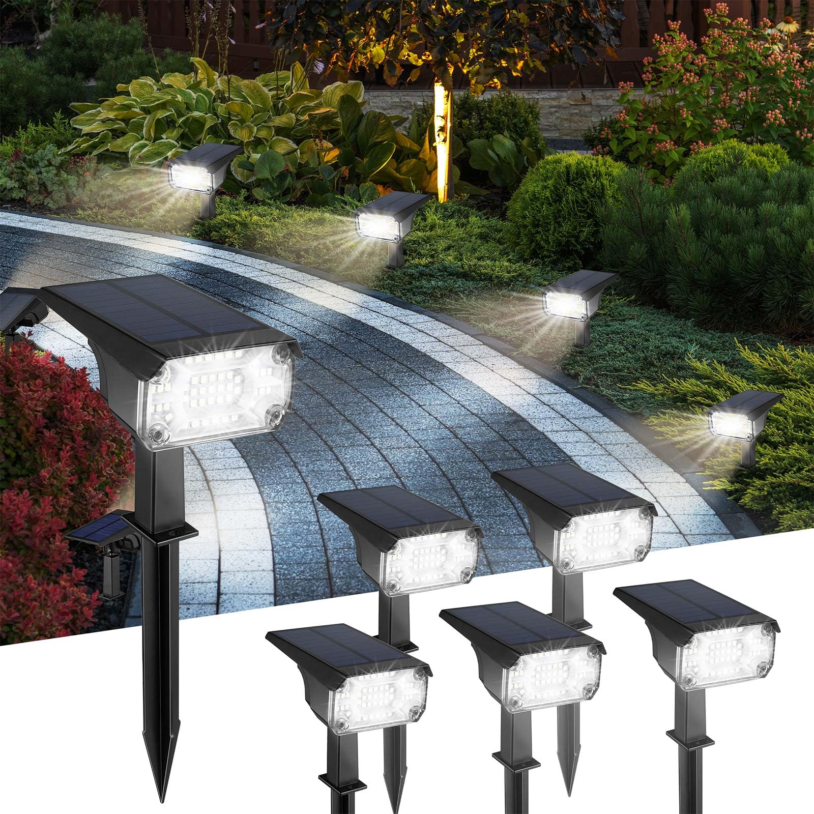 Kingsyard Solar Spotlight Outdoor 47 LEDs 3 Modes USB & Solar Powered 6-Pack Cool White IP68 Waterproof