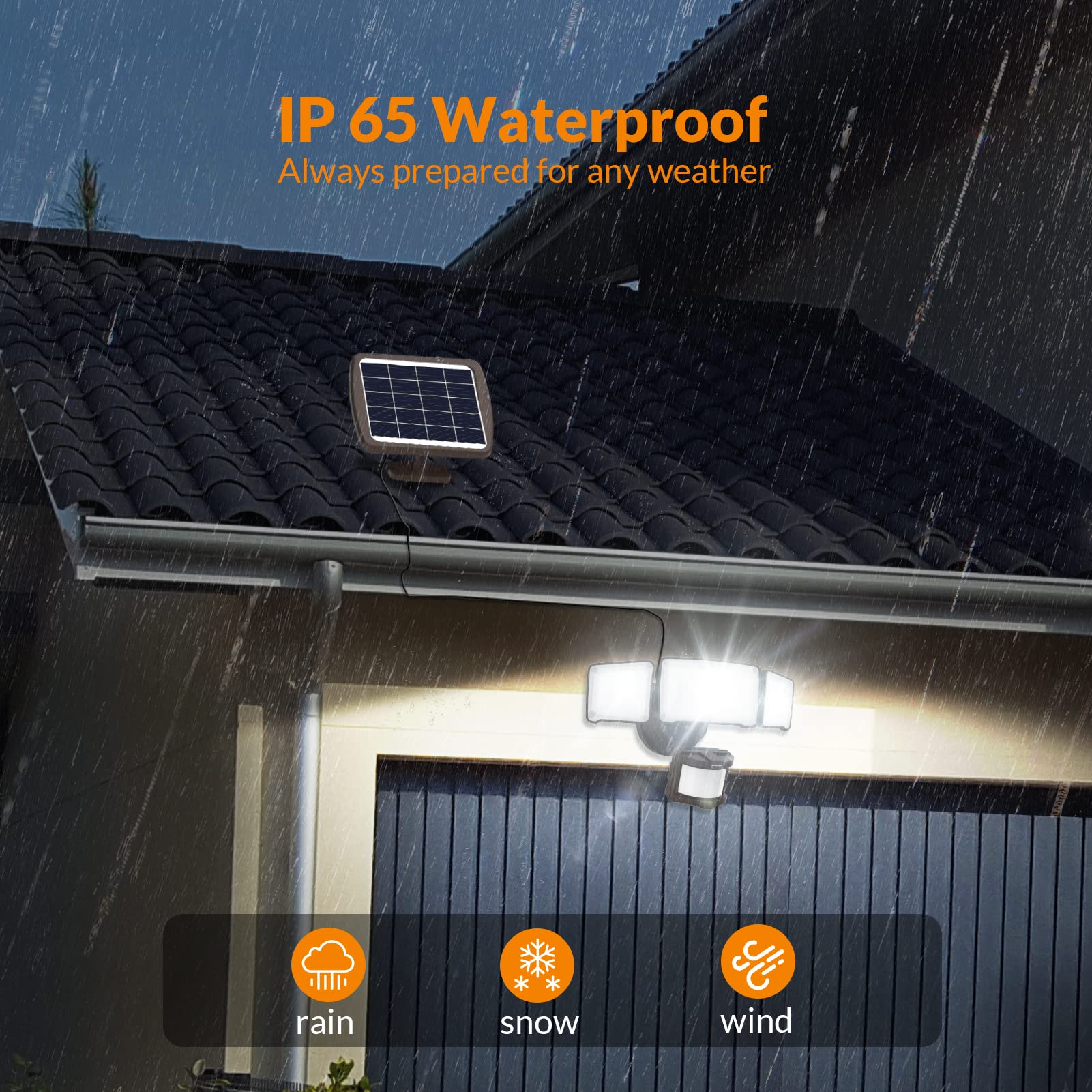 LEPOWER Solar Motion Sensor Light 1600LM 5500K IP65 Waterproof 3 Adjustable Heads Brown Model YY02C-BR
