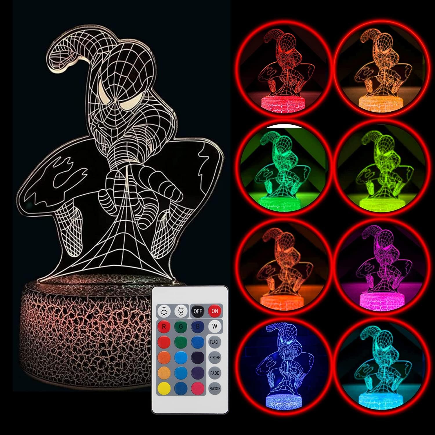 Yarrd Spider Human Night Light 3D - 3D Illusion Optical Kids Night Lights For Bedroom 16 Colors With Remote 3D Illusion Led Lamp Night Light For Kids Spider Gifts Cute Desk Lamp Ideal Room Decor Gift