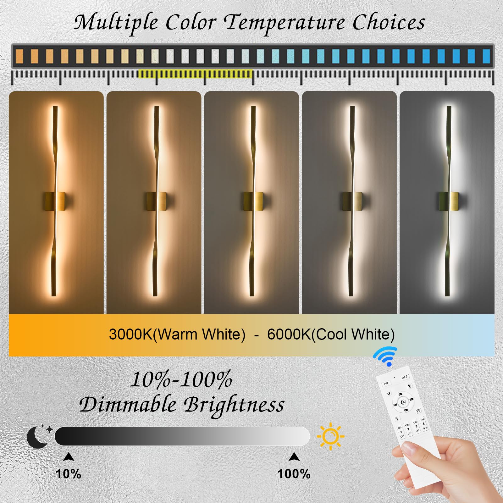 AIRYPHANT LED Vanity Light 48” Dimmable Wall Lamp with Remote Control, Gold, Model W2011-120GDC2, 2 Pack