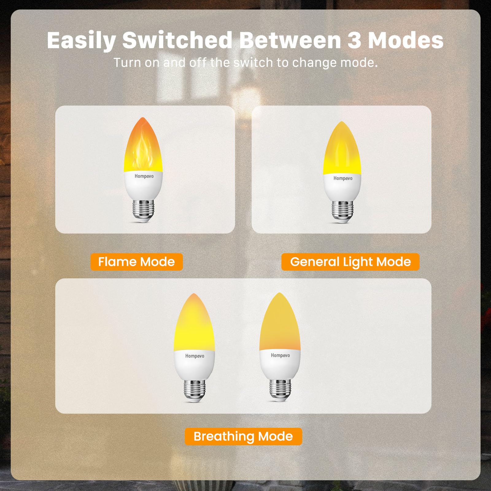 Hompavo Upgraded Led Flame Light Bulbs, 3 Modes Flickering Light Bulbs, E26 Candle Fire Light Bulb For Halloween Christmas Party