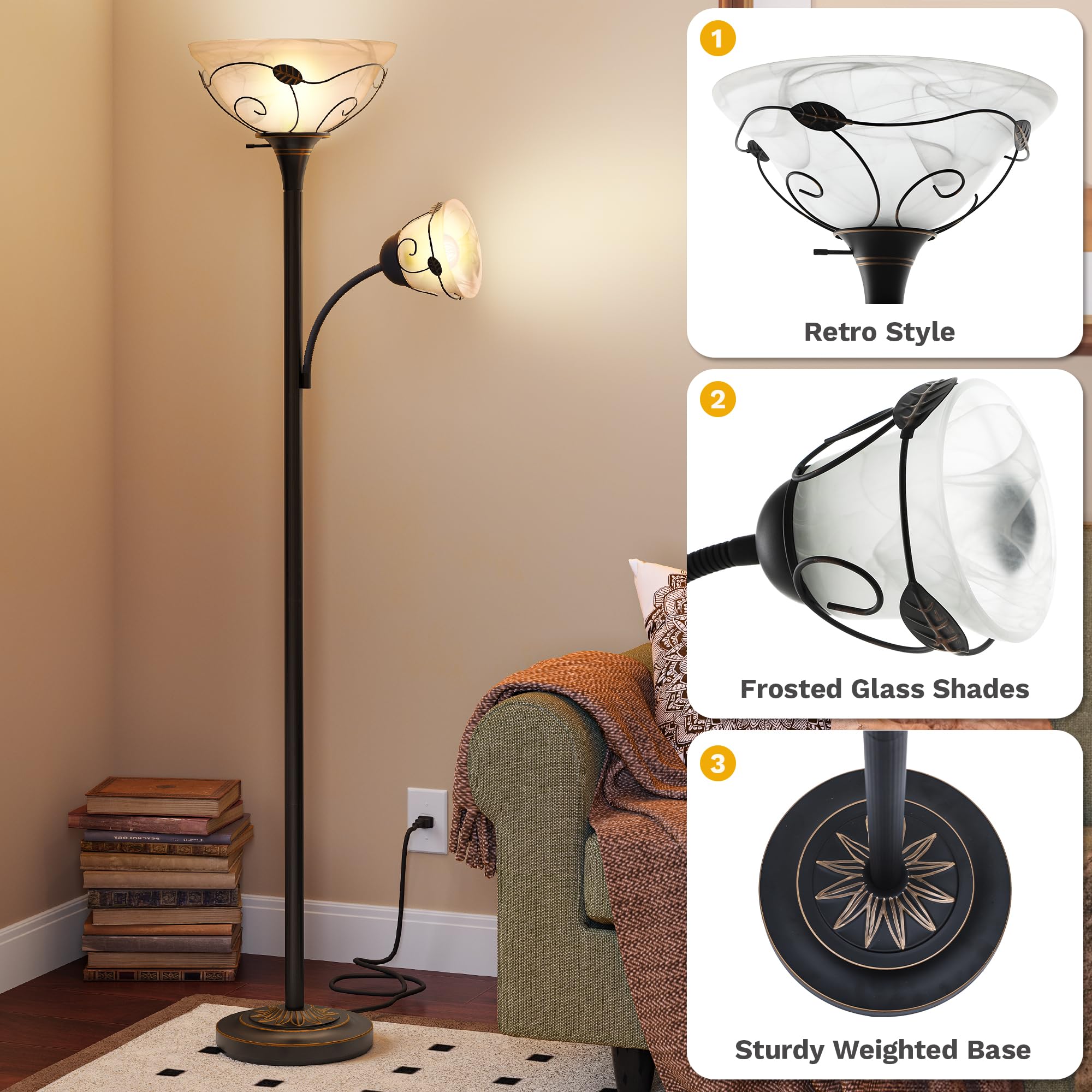 DWVO Torchiere Floor Lamp, 71" with Sidelight, Glass Shade, Black - Ideal for Bedroom, Living Room, Office (Bulbs Not Included)