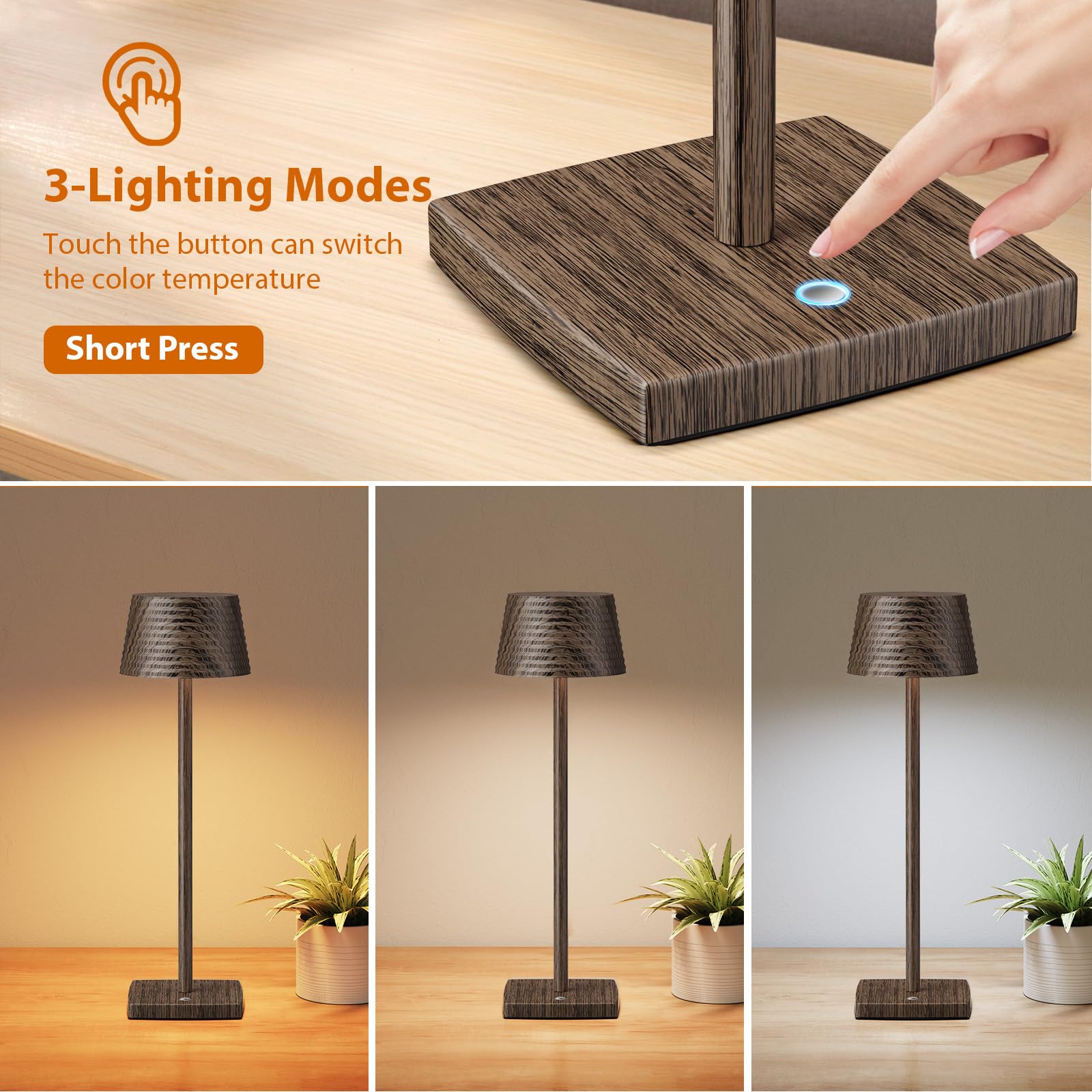 YIBEN Cordless Table Lamps 6000mAh LED, IP54 Waterproof, 3 Colors Dimming, Small, 2pack Walnut, Model S816