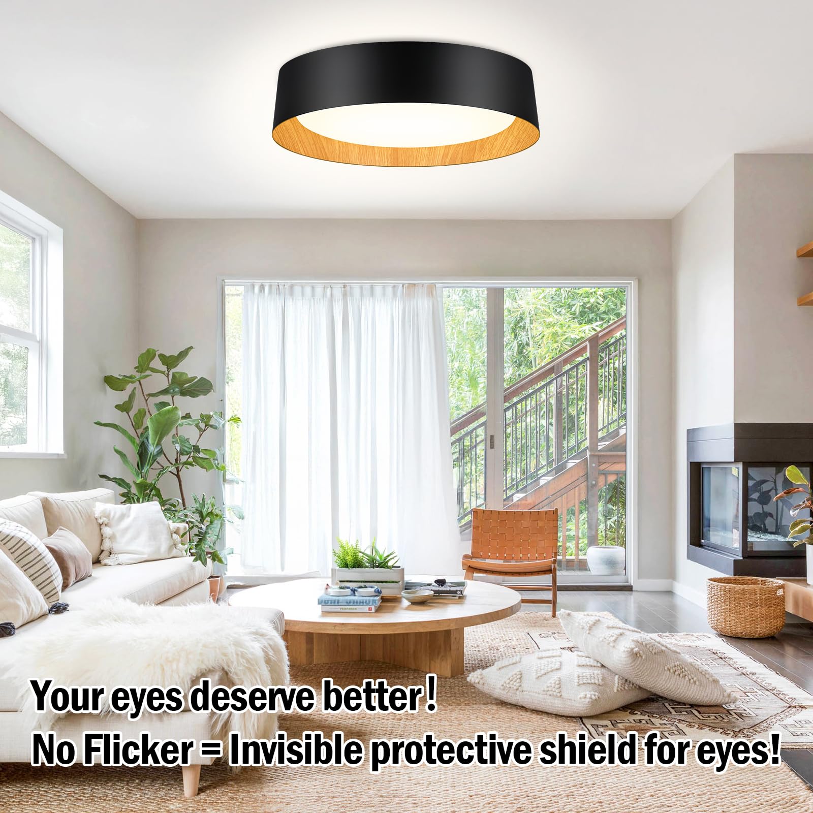 BrightHome LED Ceiling Light Fixture, 16in, Dimmable, 3000LM, 30W, 5CCT (2700K-6000K), Black and Wood,