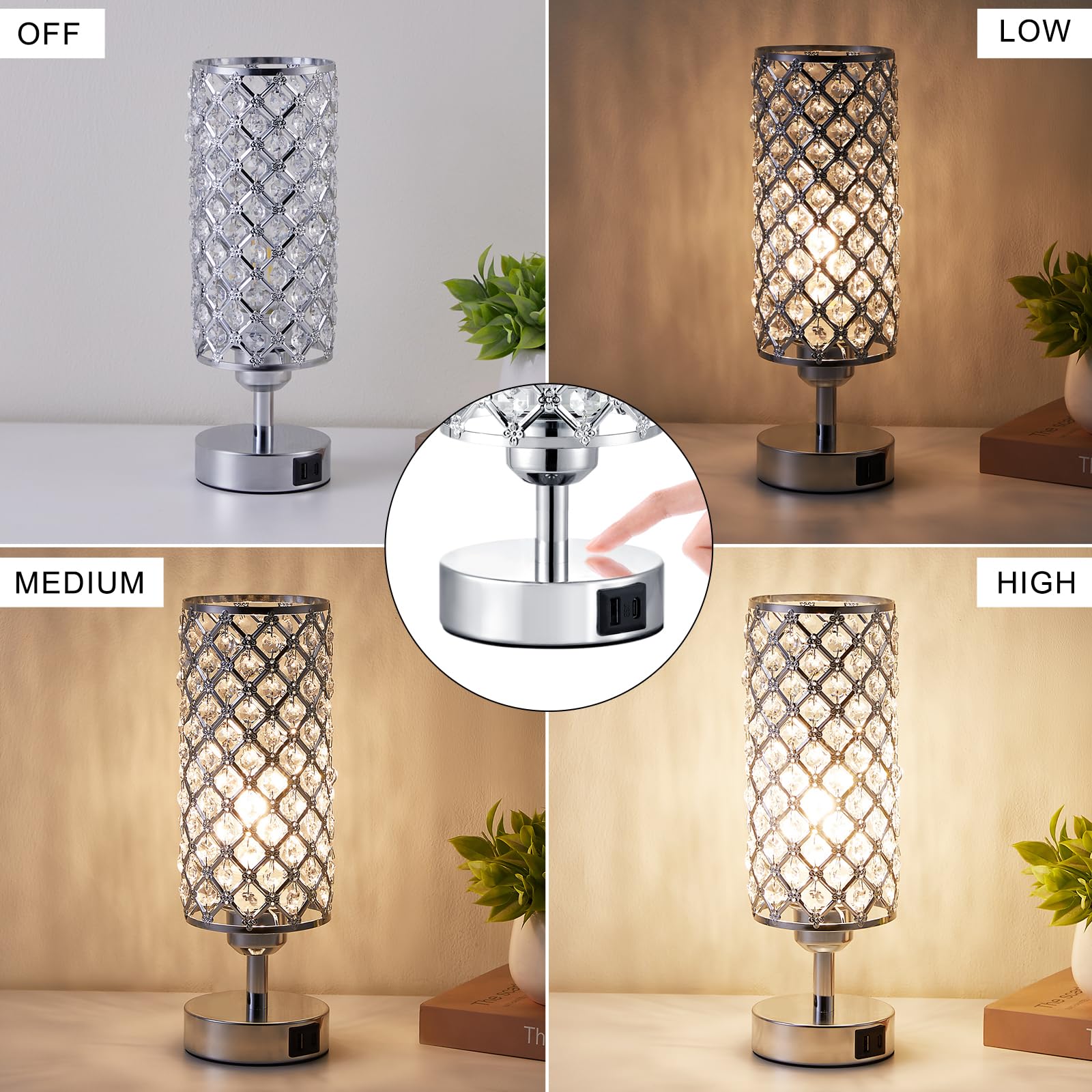 Crystal Touch Lamp With Touch Control, Sliver Table Lamp With Usb-C+A Ports, 3 Way Dimmable Bedside Lamp Decorative Modern Night