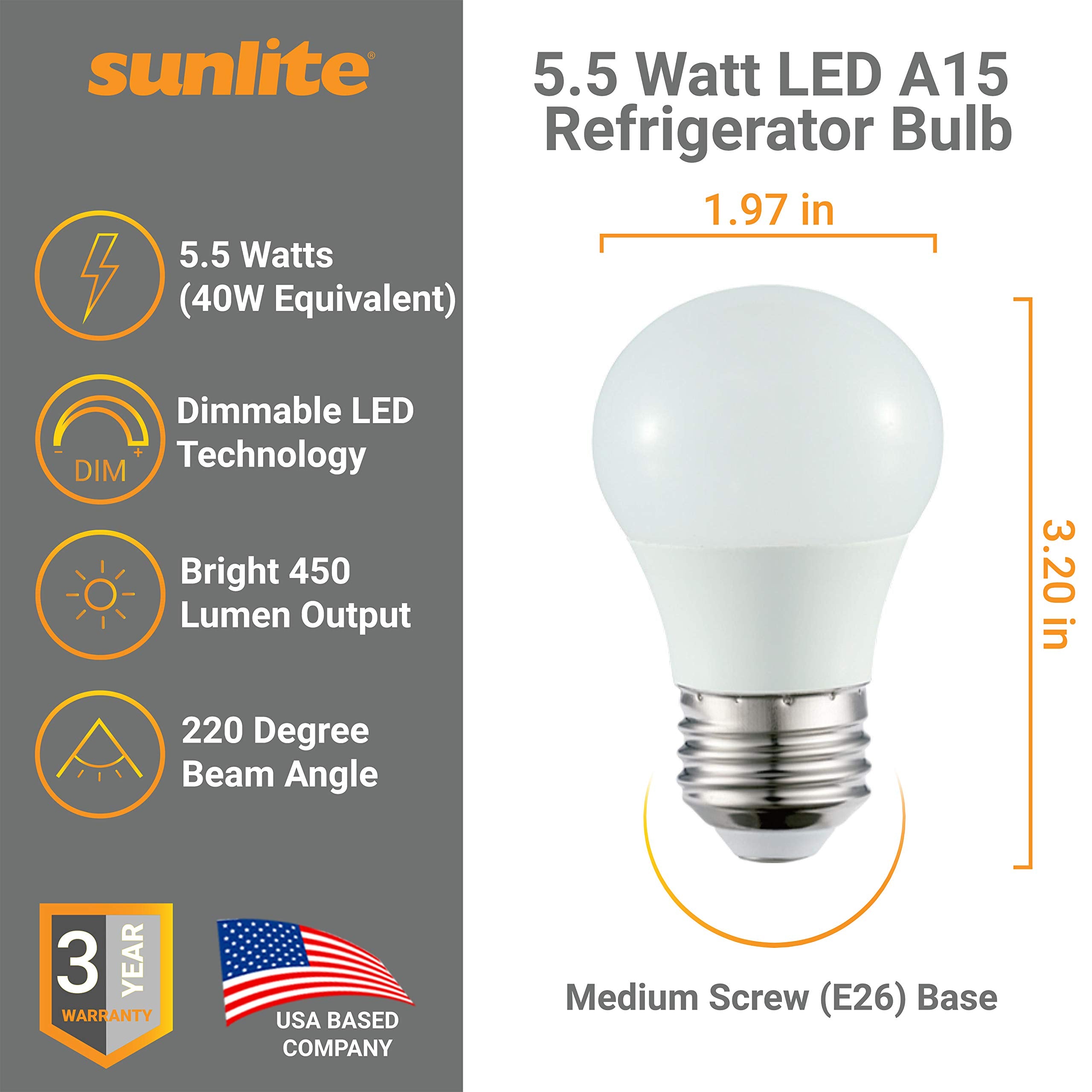 Sunlite LED A15 Refrigerator Light Bulb, 5.5W (40W Equivalent), Dimmable, Frosted, 450 Lumens, Medium Base (E26), 40K