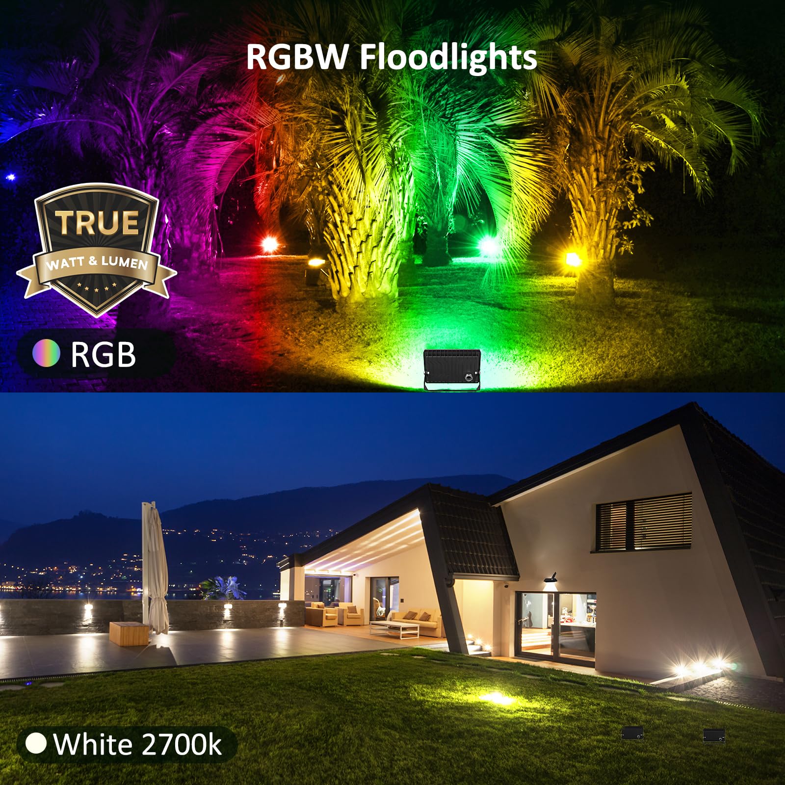 NOVOSTELLA RGBW LED Flood Light 60W - Black, 2700K, IP66, RF Remote, Outdoor Uplighting for Halloween & Christmas - NTF94