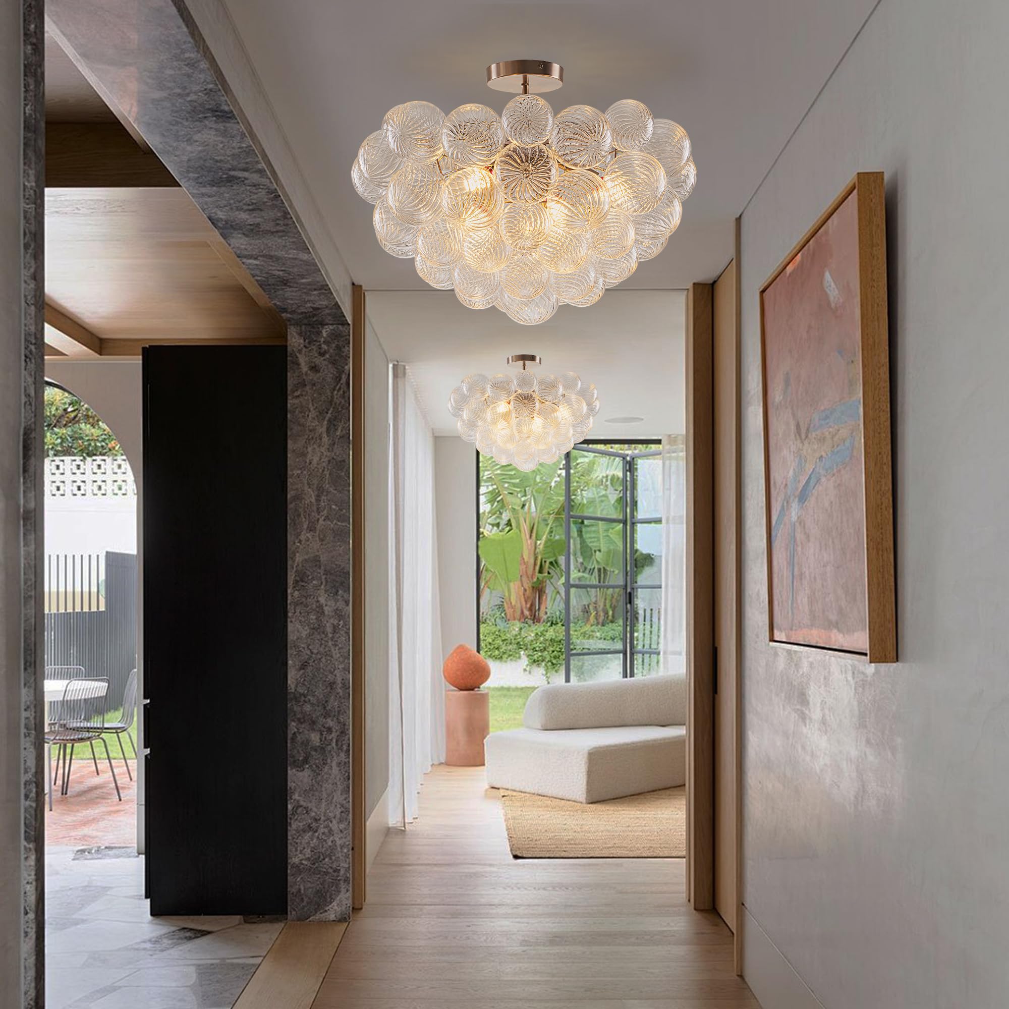 Beypan Bubble Glass Ball Chandelier Nickle Finish 24'' Dia Semi-Flush Mount Ceiling Lights Clear Ribbed Blown Glass Globe Chande