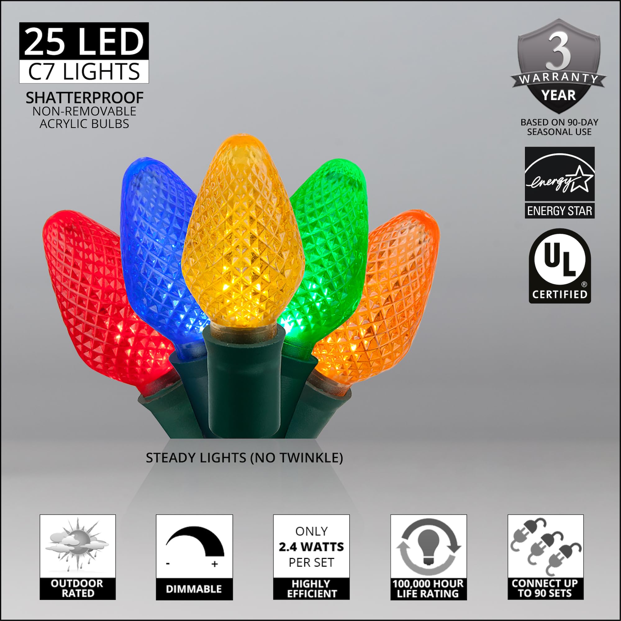 C7 Led Faceted Multicolor Prelamped Light Set, Green Wire - 25 C7 Multi Color Led Christmas Lights, 8&quot; Spacing