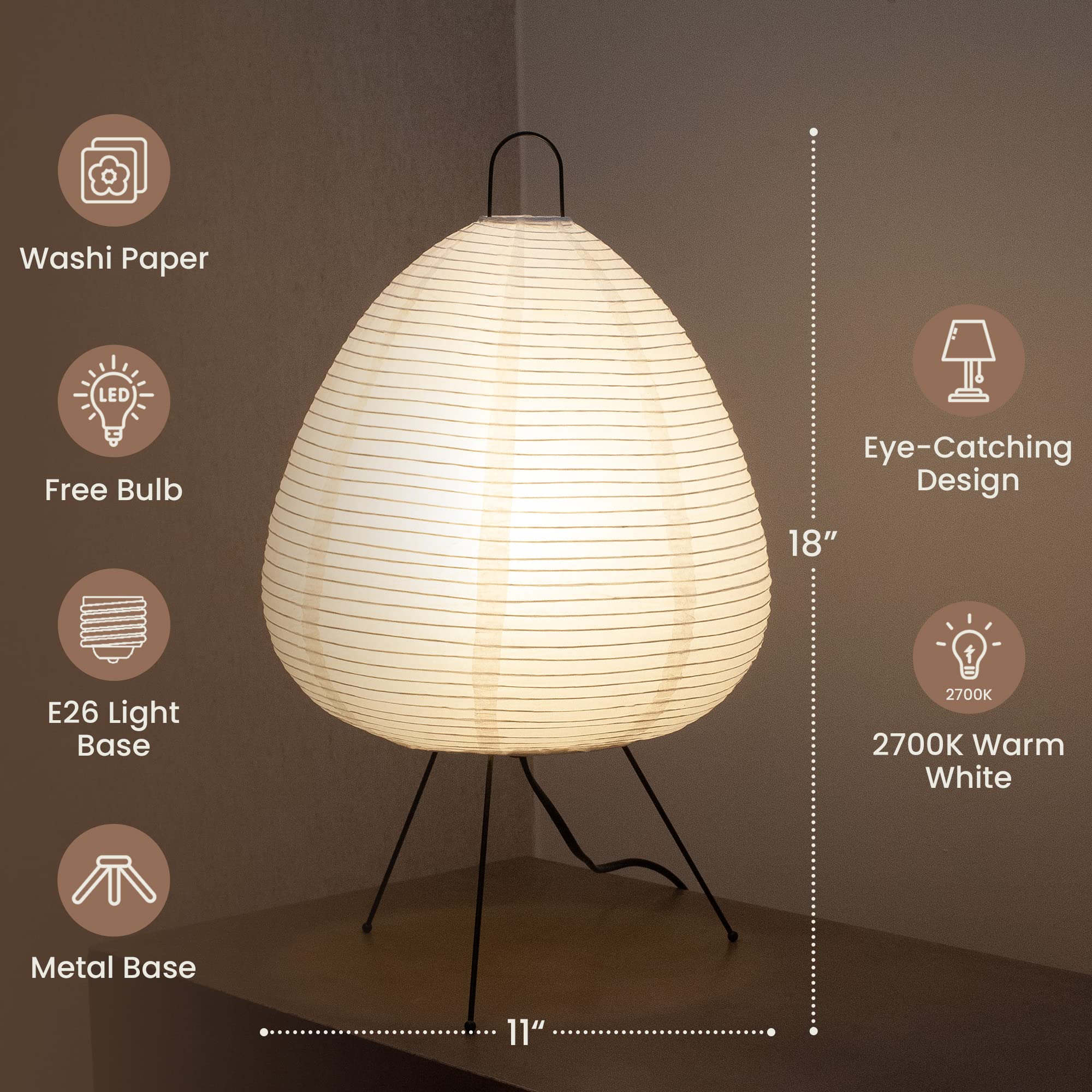 Nogy Dimmable Table Lamp - Off White Japanese Paper Lantern - 11"x18" Ambient Lighting for Cozy Japandi Decor