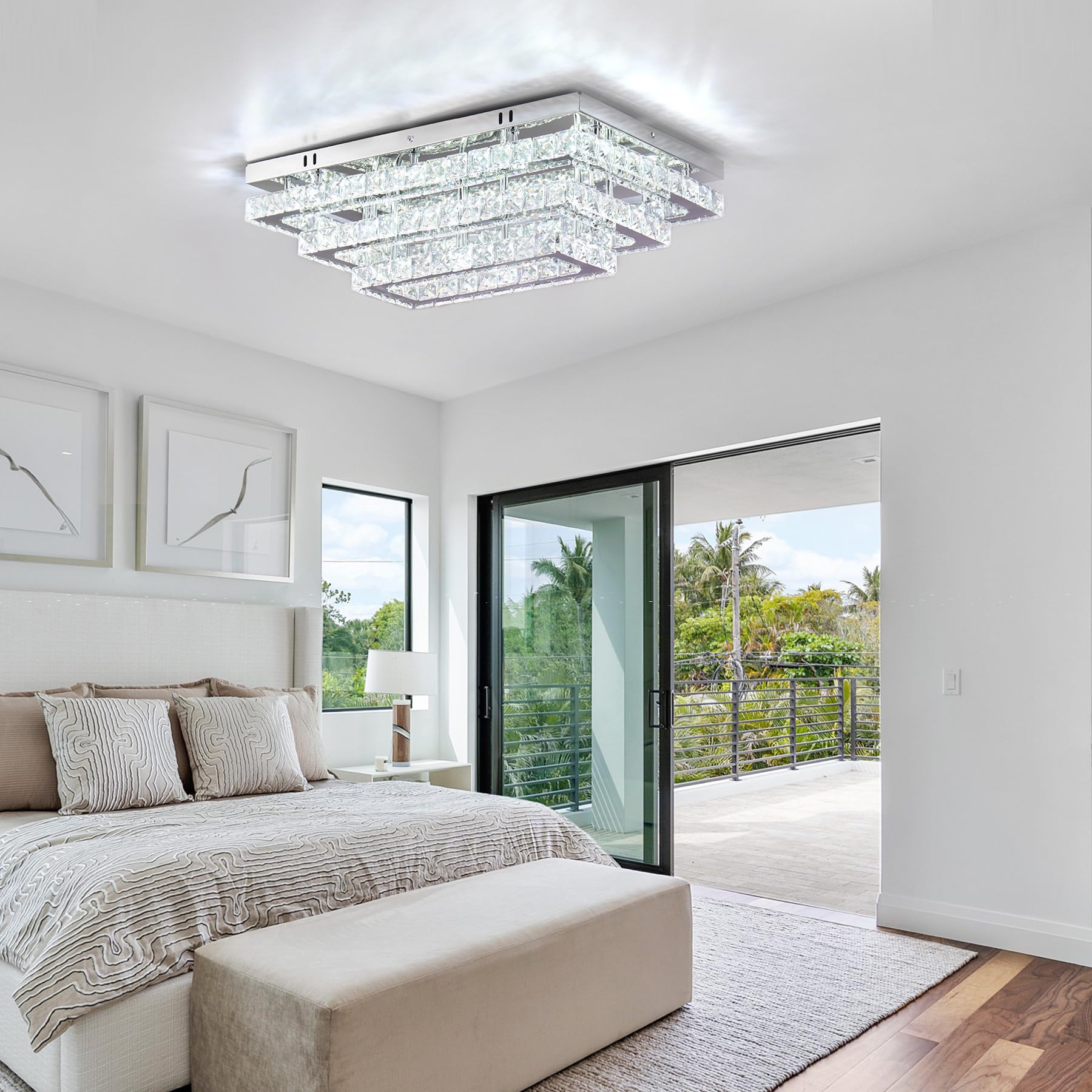 Finktonglan Modern Crystal Led Ceiling Light Fixture, 20&quot; Rectangular Chandelier, 3-Tier, Cool White