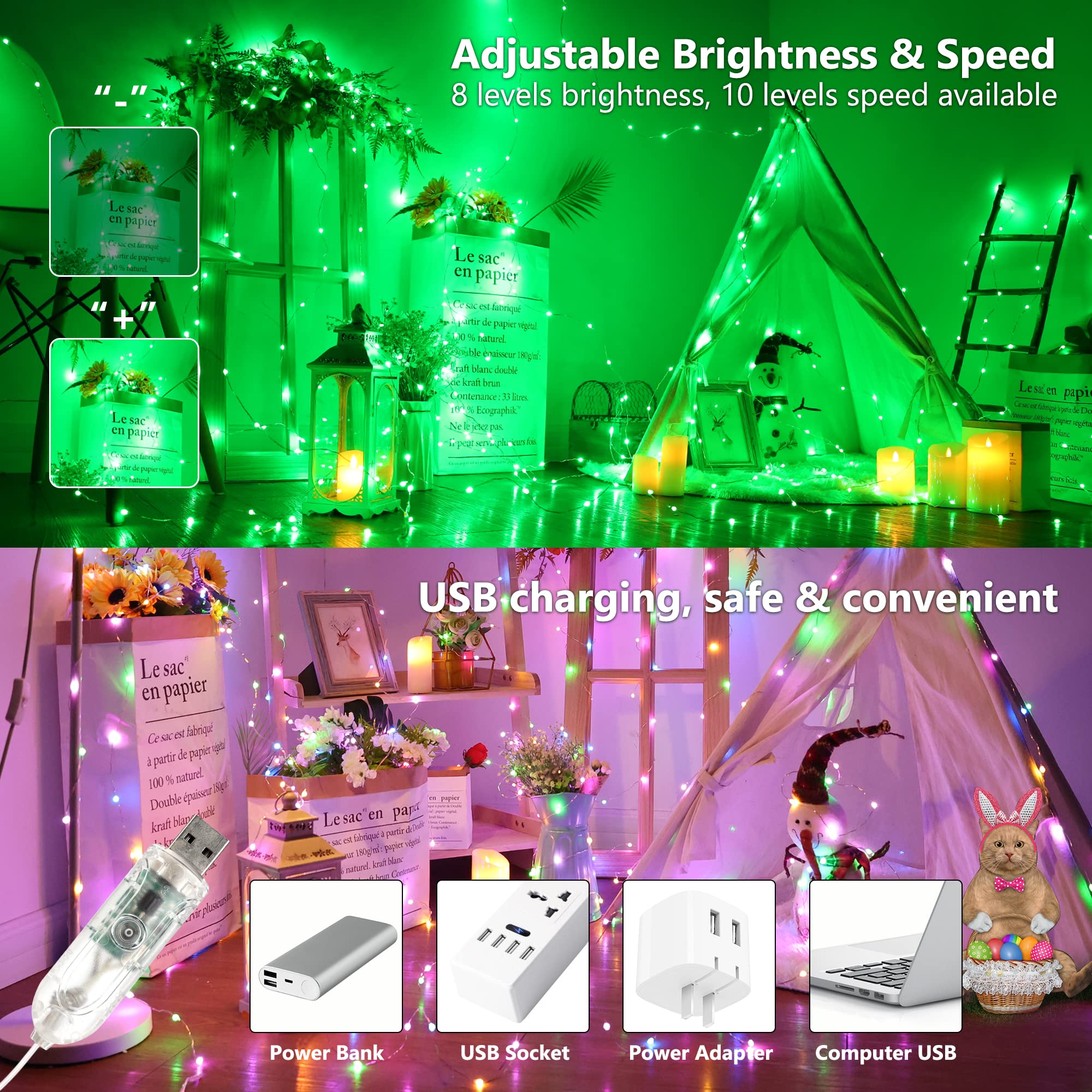 BrizLabs Halloween Fairy String Lights, 33ft 100 LED Color Changing Christmas Fairy Lights with Remote Timer, USB RGB Halloween