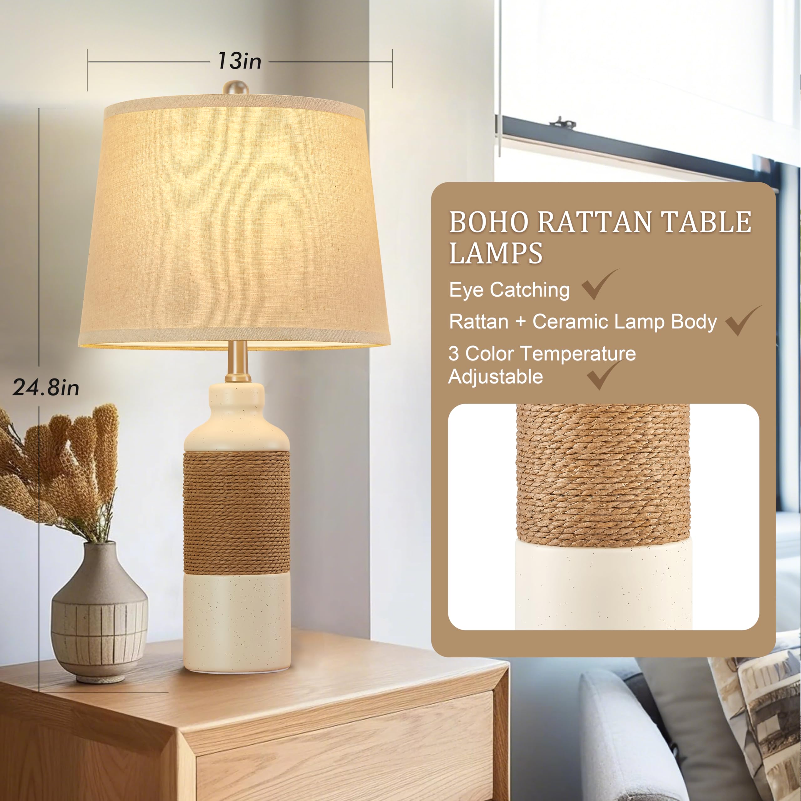 Gyrovu Boho Rattan Table Lamp Set Of 2, 3 Color Temperature Bedside Lamps, Lamps For Night Stands, Vintage Farmhouse Rattan Tabl