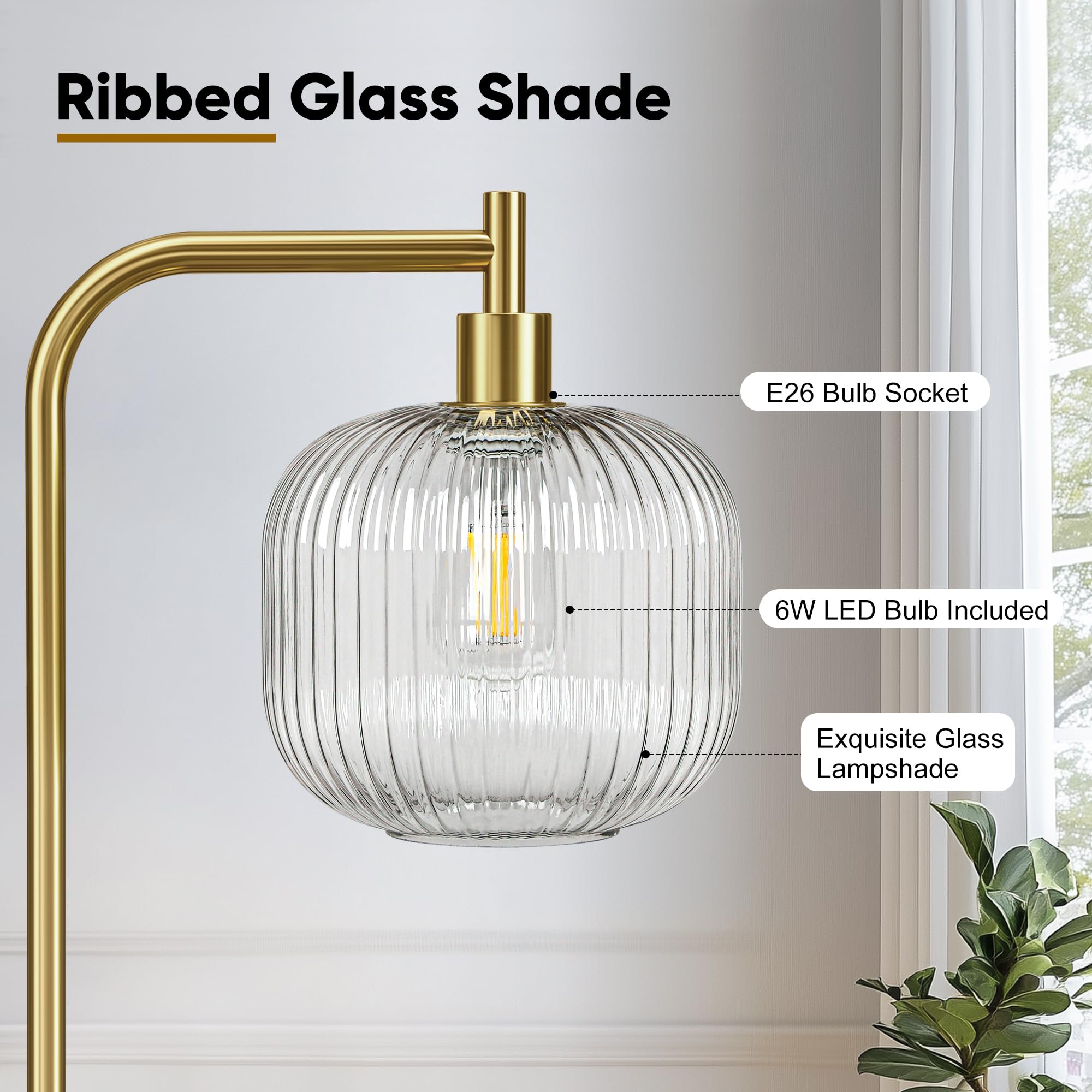 QiMH Modern Glass Floor Lamp, 67” Tall, Brushed Gold & Clear, Ribbed Shade, Model STR-FL-0096, Perfect for Living Room & Bedroom