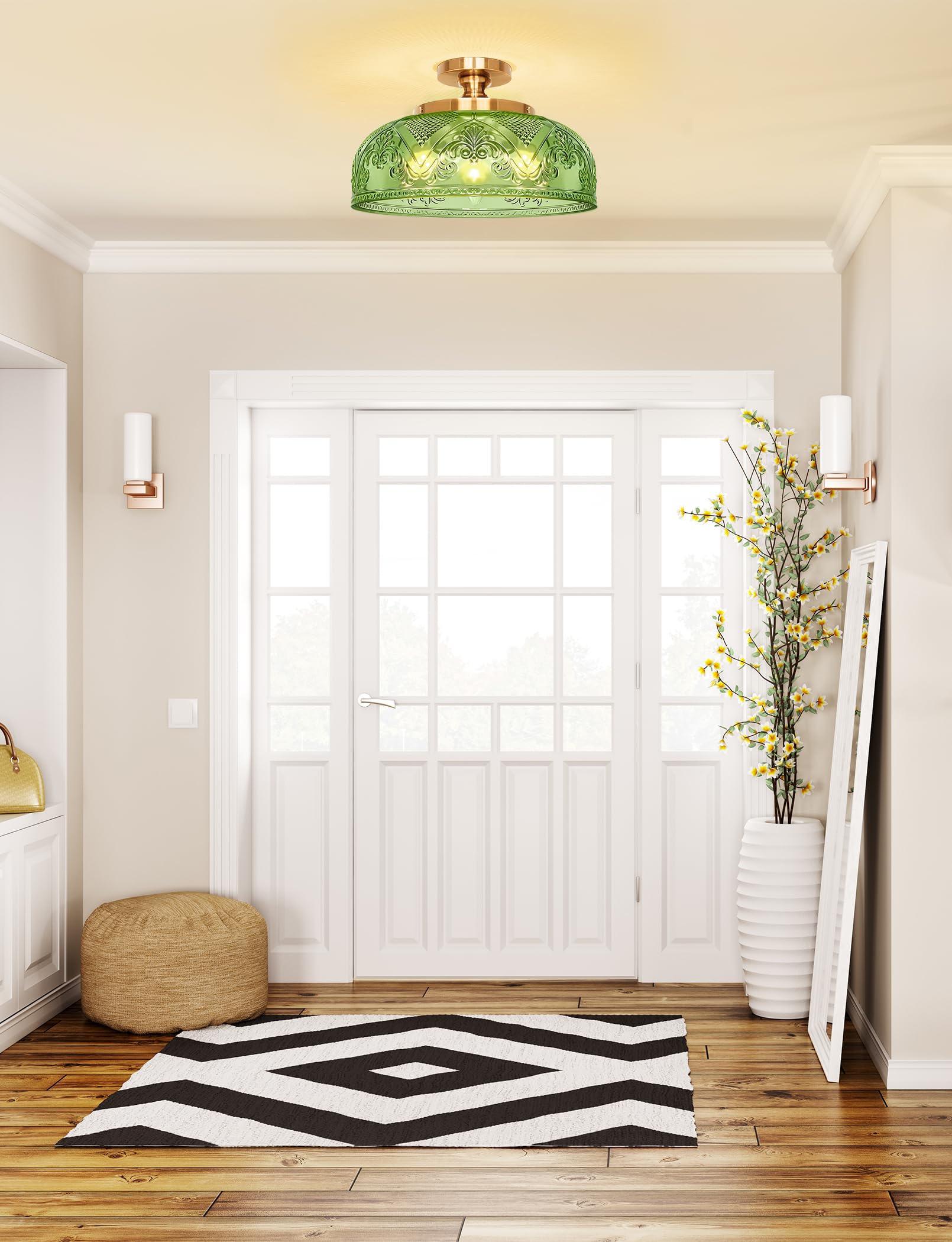 Slypadan Green Semi Flush Mount Ceiling Light  12 Inch Large Ceiling Light Fixture Gold  3-Light Globe Glass Farmhouse Kitchen Lighting Fixtures For Bathroom  Hallway  Dining Room (Bulb Not Included)