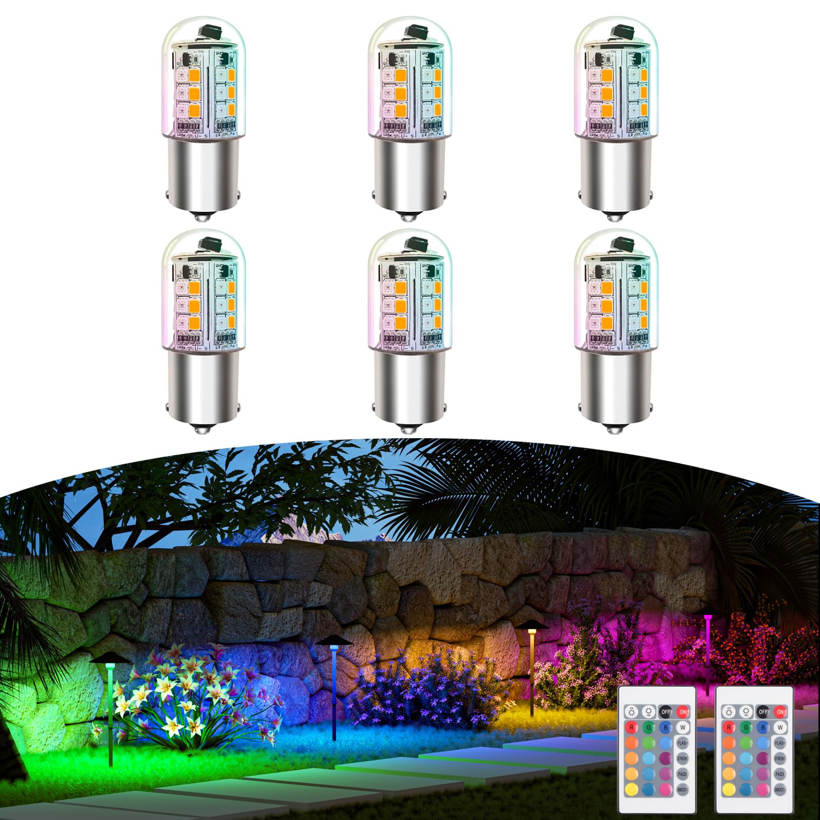Makergroup Rgb Ba15S Led Bulbs 12V Color Changing  1141 1156 S8 Sc Bayonet Single Contact Base  Warm White+15 Multi-Colors And Dimmable  Weatherproof For Outdoor Low Voltage And Rv Lighting 6-Pack