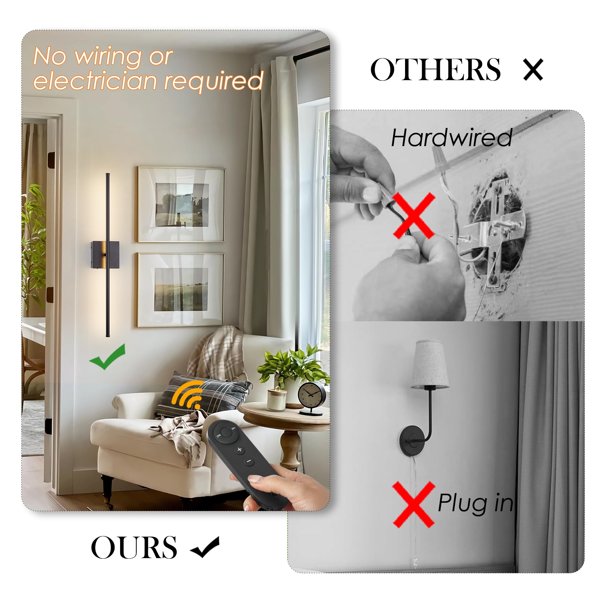 KARTOOSH Battery Operated Wall Sconces Set of Two, Dimmable, 3000K LED, 24.4 Inch, Black, Model ZM210BBL60