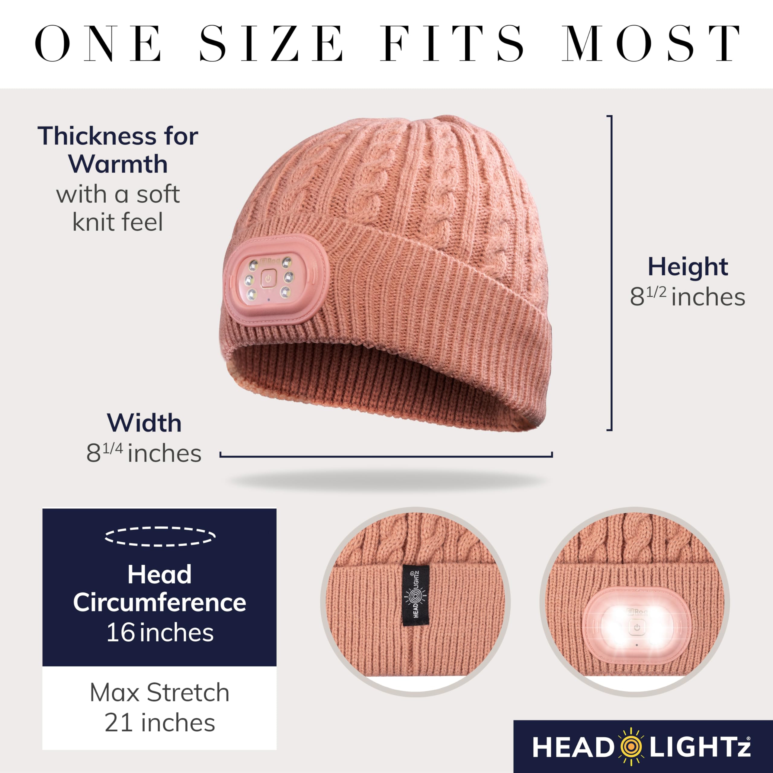 Head Lightz Headlightz By Roq Innovation - Beanie With Light, Unisex Led Beanie Hat With Light Built In, Rechargeable, Pink-Mono