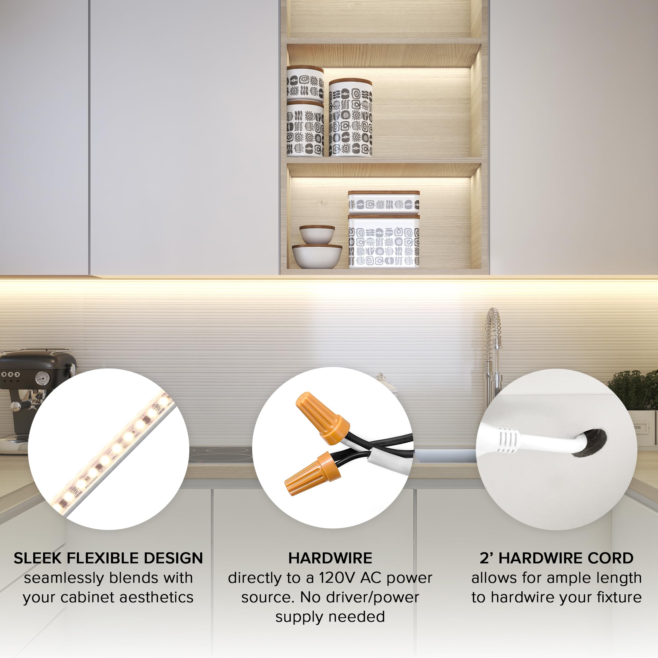Maxxima 48 In. Hardwired Led Under Cabinet Strip Light, 1840 Lumens, 3000K Warm White, Kitchen And Living Room 120V White Cove L