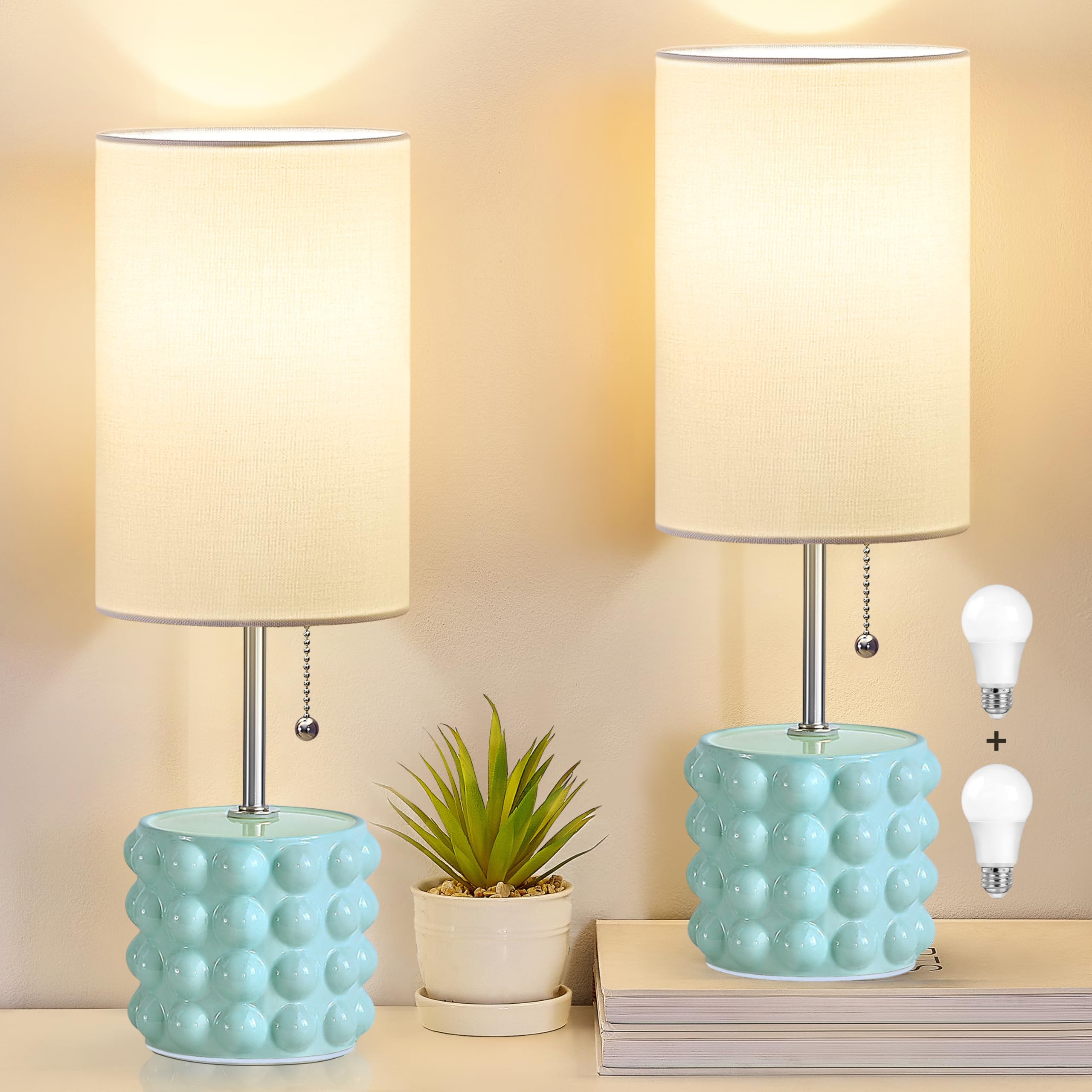GyroVu Ceramic Table Lamp Set of 2, Small Bedside Table Lamps, Modern Pull Chain Nightstand Lamps with Fabric Shade, Blue Desk L