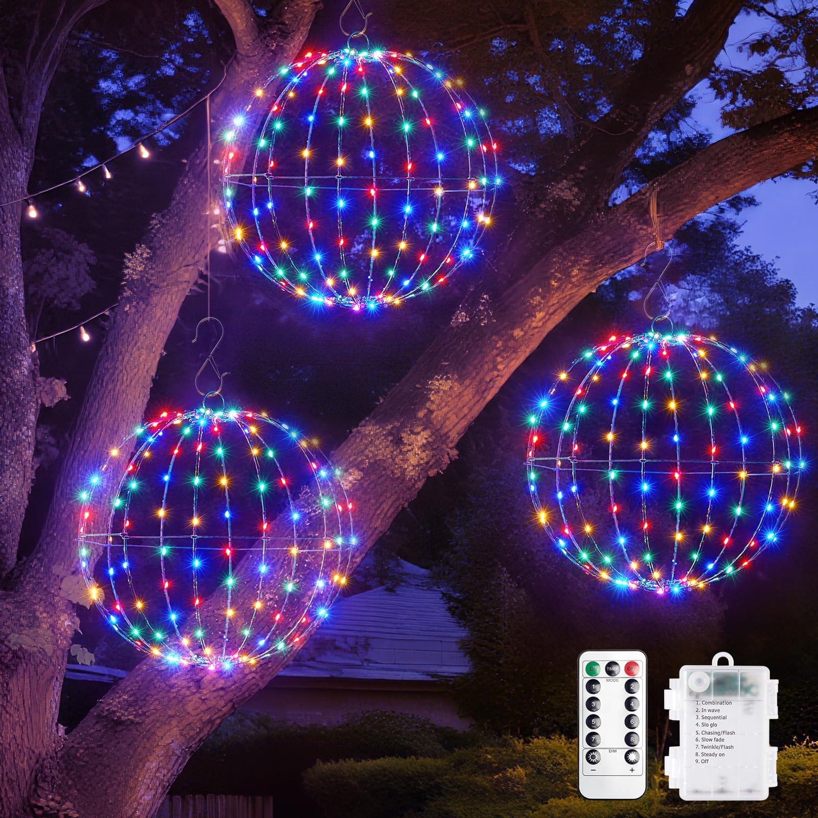 Brightown Christmas Ball Lights, 12 Inch, 120 LEDs, Battery Operated, Waterproof, 3 Pack, Multicolor
