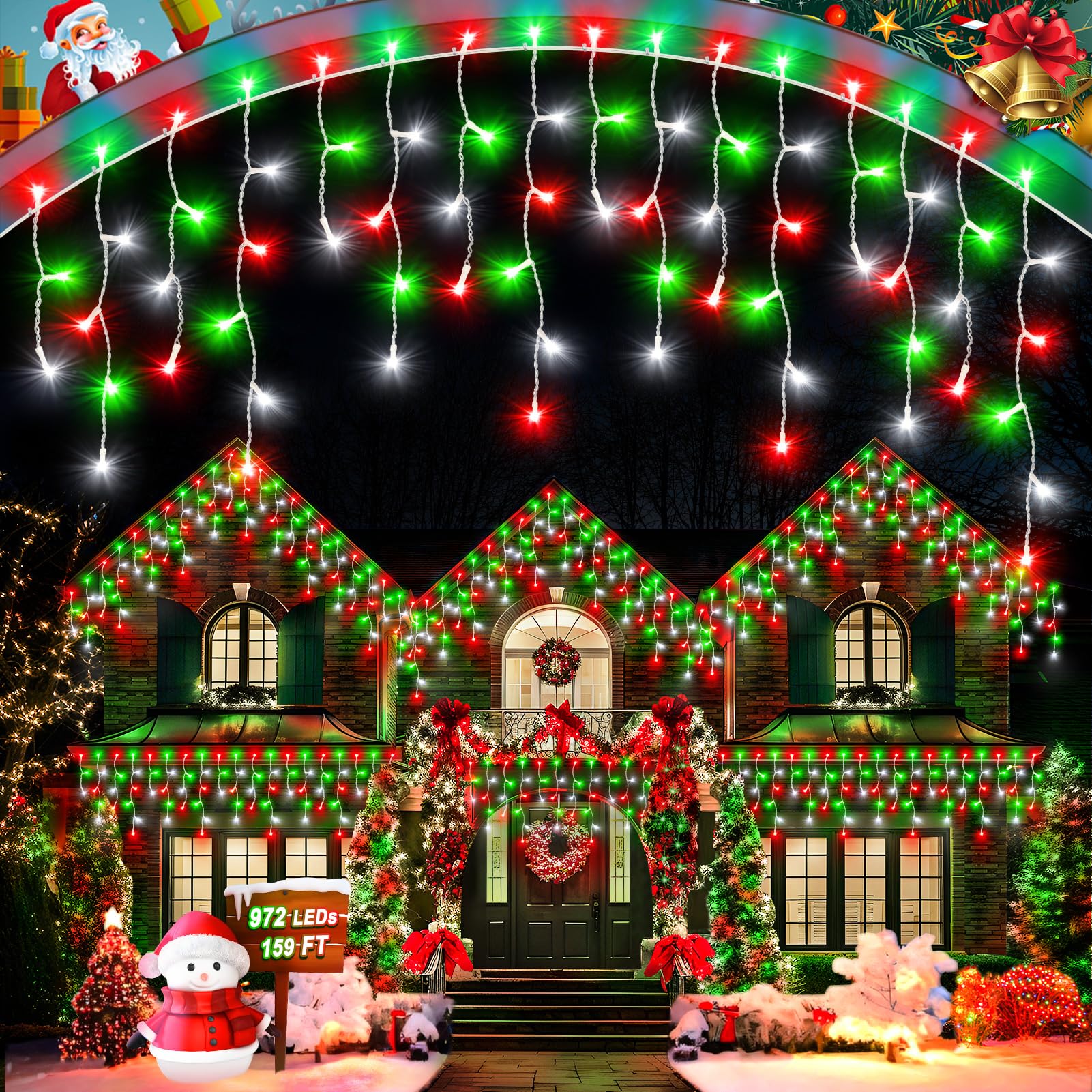 JIXXULVU Christmas Lights Outdoor 106FT 972LED Waterproof Connectable Red Green White Model 300L