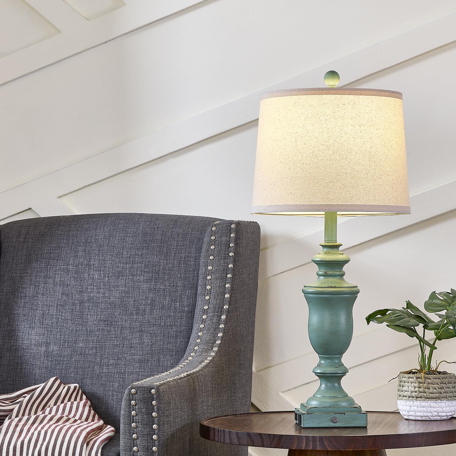 SAIWEYA 27.5" Farmhouse Table Lamps Set of 2, 3-Way Dimmable, Resin, Antique Green with USB & AC Outlet for Bedroom & Living Room