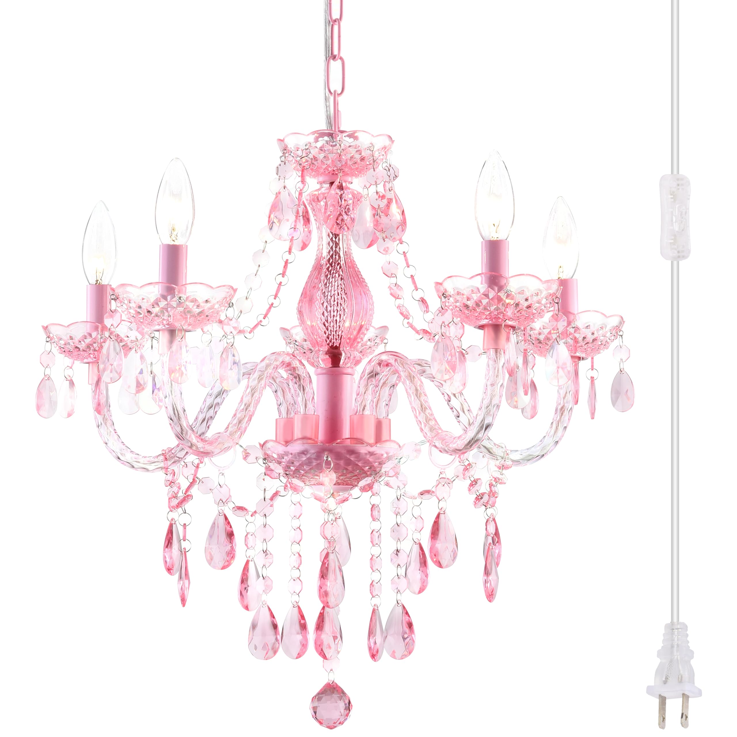Plug-in 5 Lights Pink Crystal Hanging Pendant Light Acrylic Chandelier with Clear Cord & On/Off Switch H19 D19.7 for Kitchen Isl