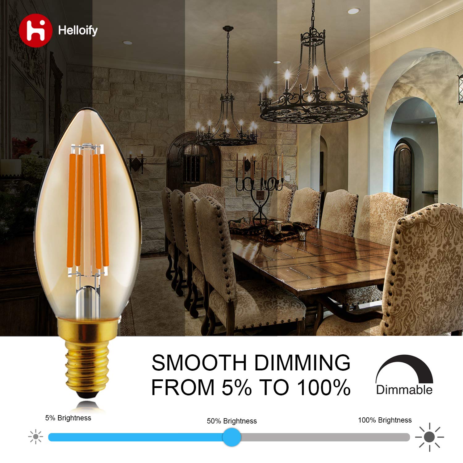 helloify B11 Dimmable Vintage LED Edison Candelabra Bulb, 60W Equivalent, High Brightness, 2500K Warm White Light, Amber Glass,