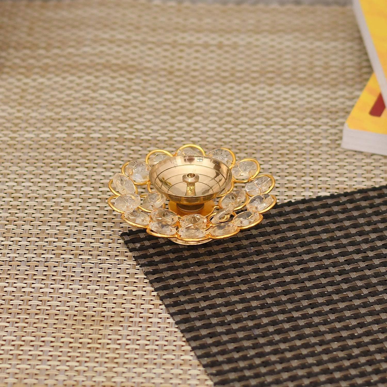 Rakhi Gift Combo for Brother, Brass Crystal Diya Oil Lamp with 4 Rakhi Gift Set - Rakhi for Bhaiya Bhabhi - Raksha Bandhan Card/