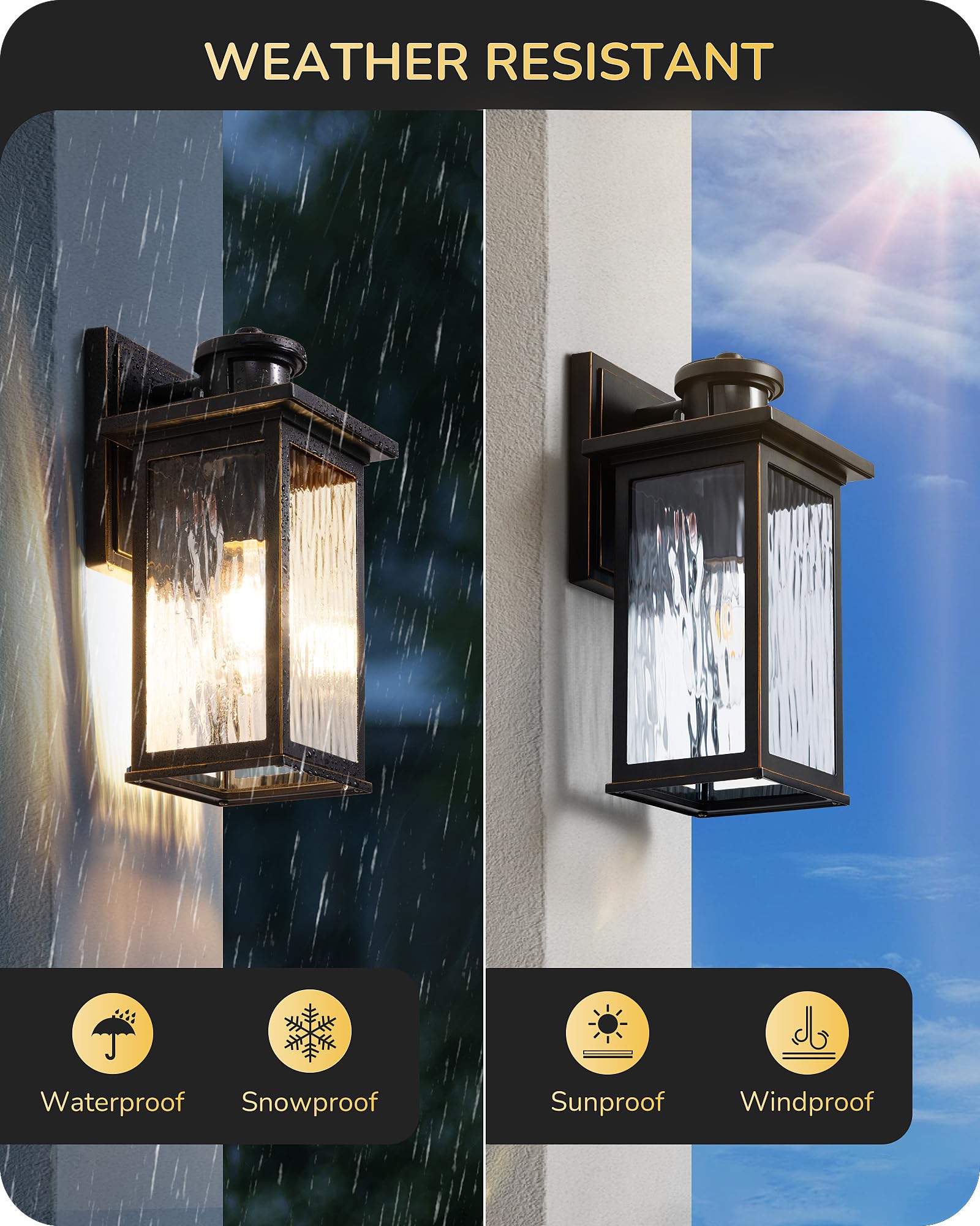 EDISHINE Motion Sensor Outdoor Wall Light, Dusk to Dawn, Waterproof, Black and Gold, 2 Pack, Model HOWL07