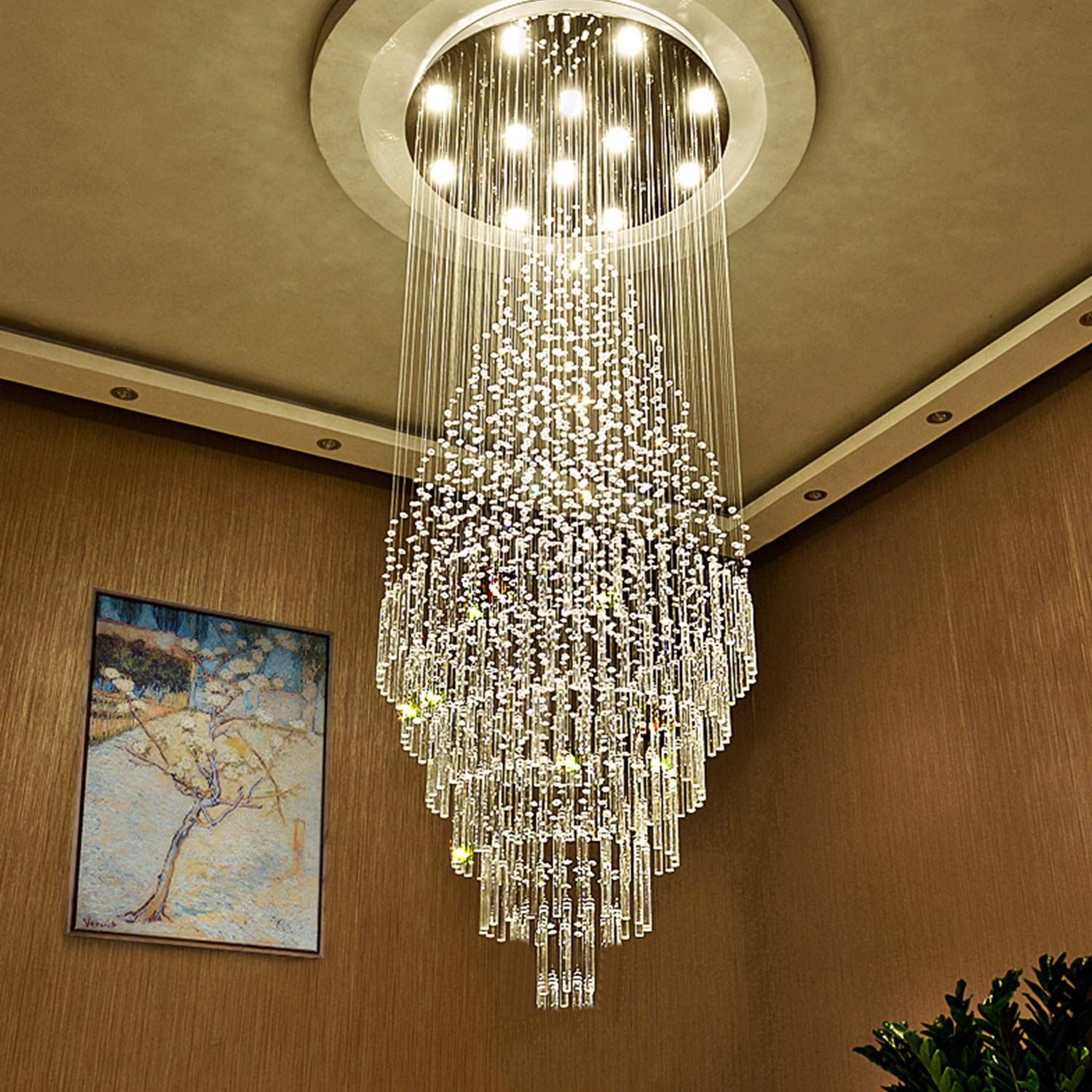Luxury Large Foyer Chandelier, Modern 12-Lights Round Raindrop Crystal Chandeliers High Ceiling Flush Mount Light Fixtures for H