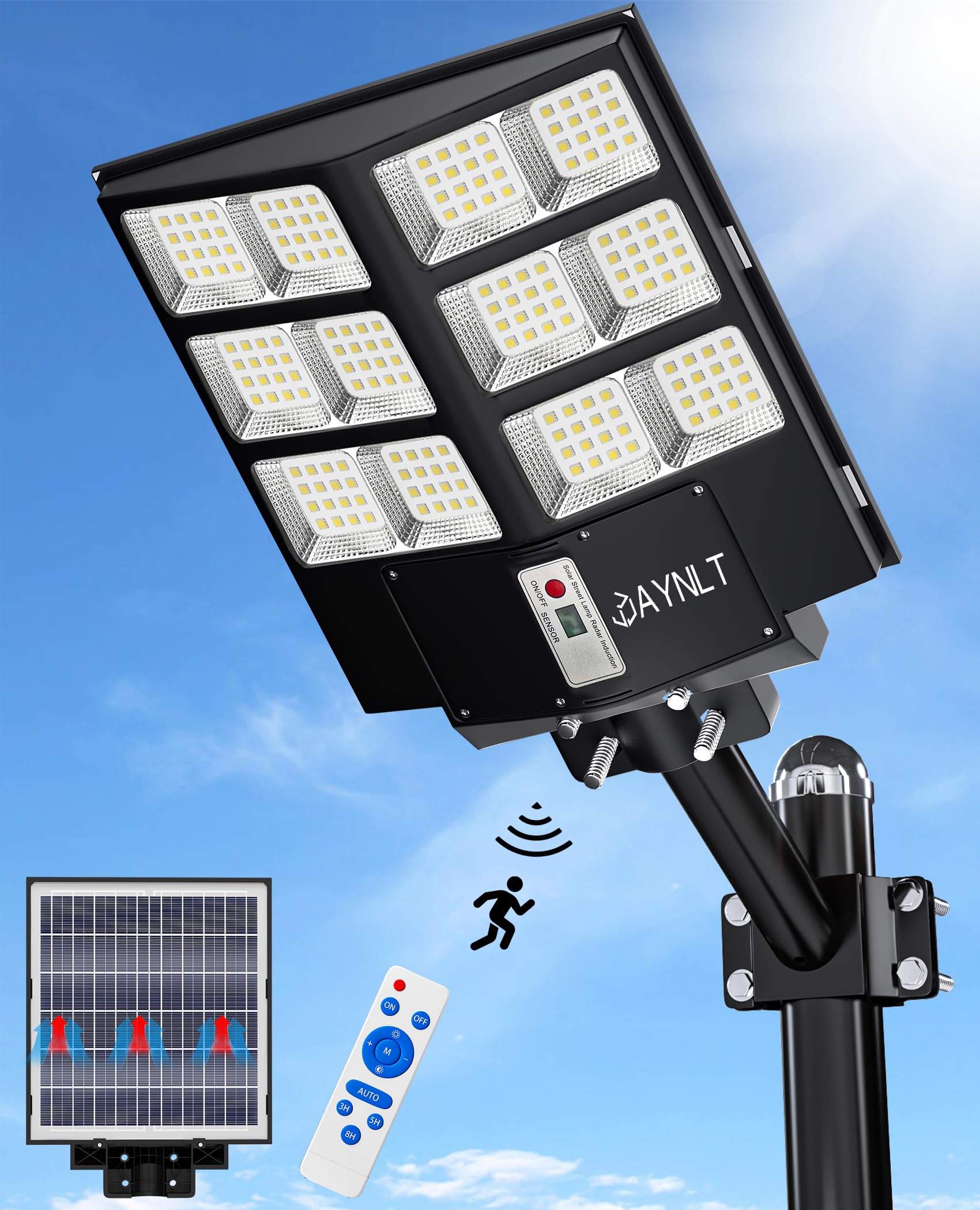 JAYNLT Y-2000W Solar Street Light, 200000LM 6500K Outdoor Dusk to Dawn, IP67 Waterproof Solar Security Light with Motion Sensor 