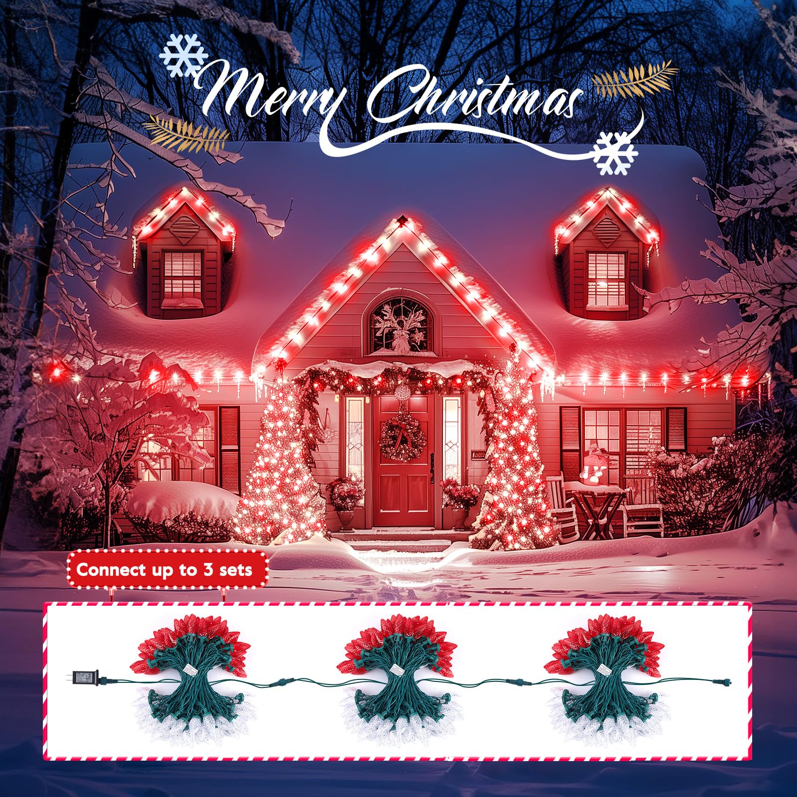 Brightown C9 Christmas Lights 200 LED String Lights 162 FT Waterproof Green Wire Red and White